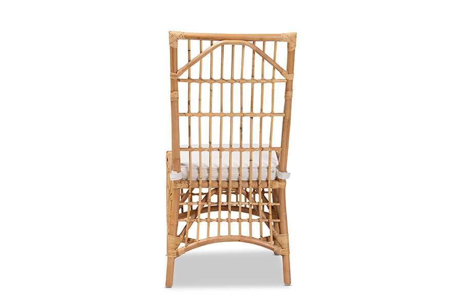 bali & pari Rose Modern Bohemian White Fabric Upholstered and Natural Brown Rattan Dining Chair