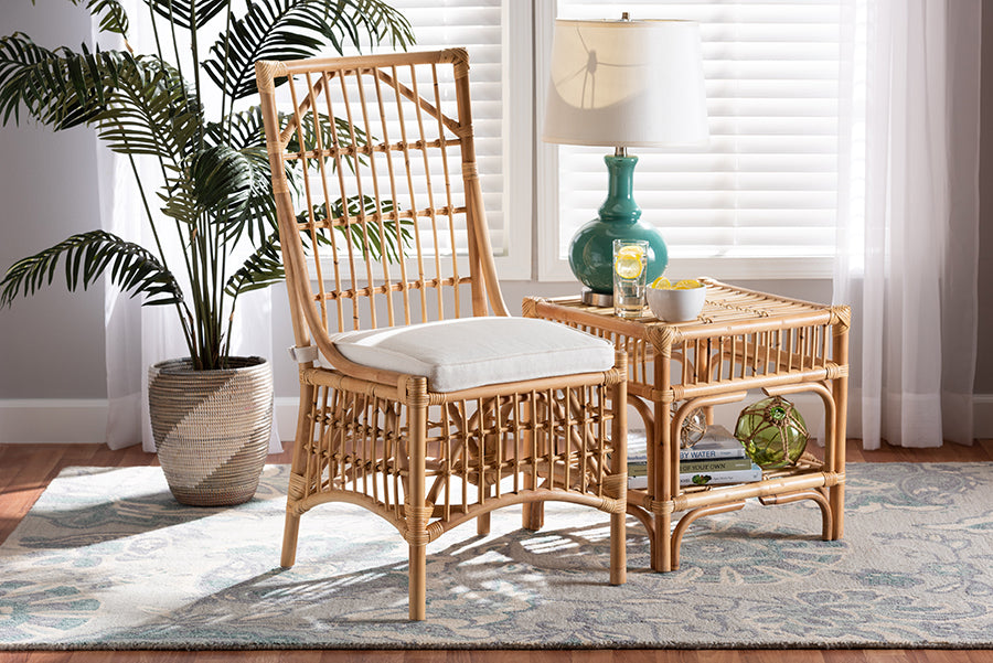 bali & pari Rose Modern Bohemian White Fabric Upholstered and Natural Brown Rattan Dining Chair