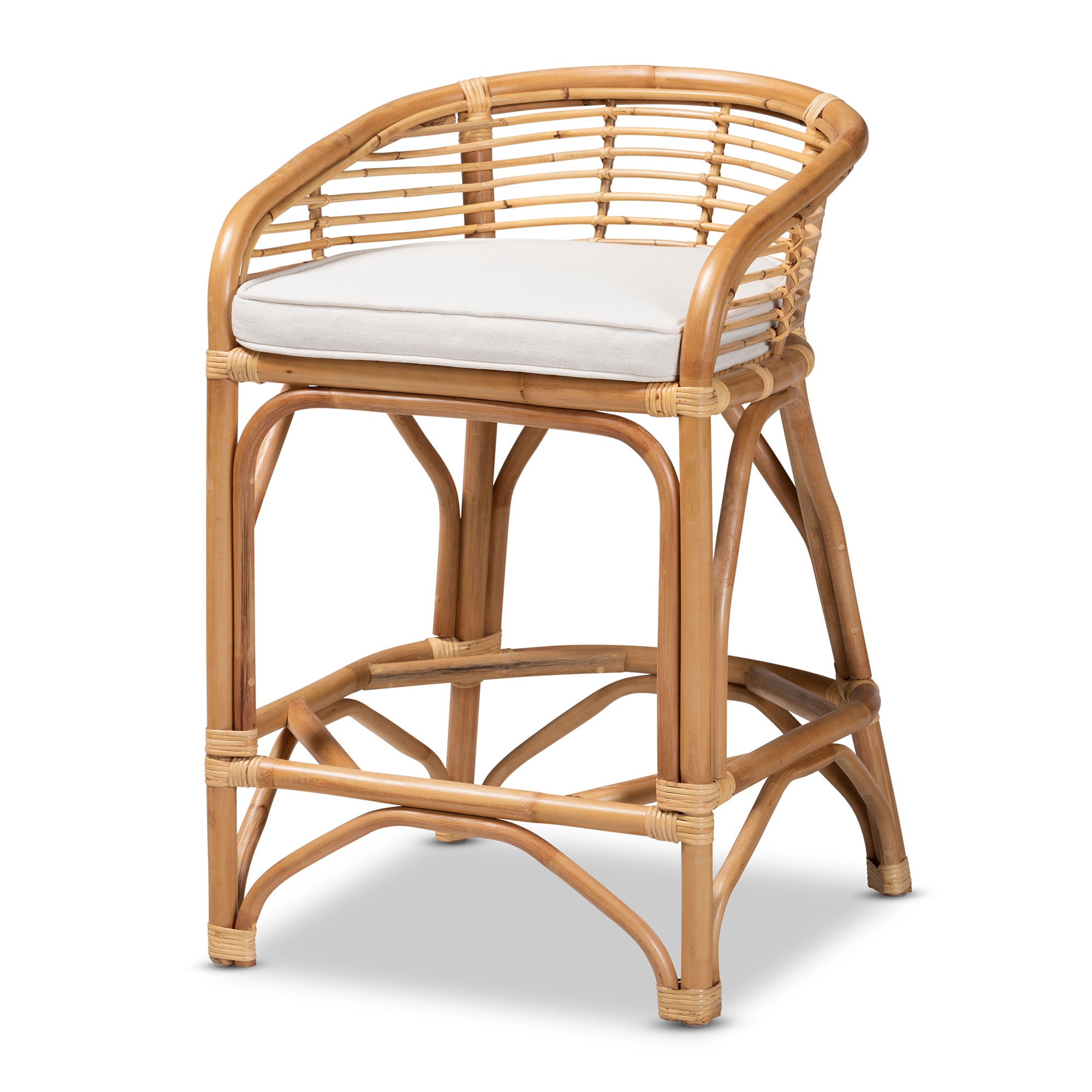 bali & pari Maverick Modern Bohemian White Fabric Upholstered and Natural Brown Rattan Counter Stool