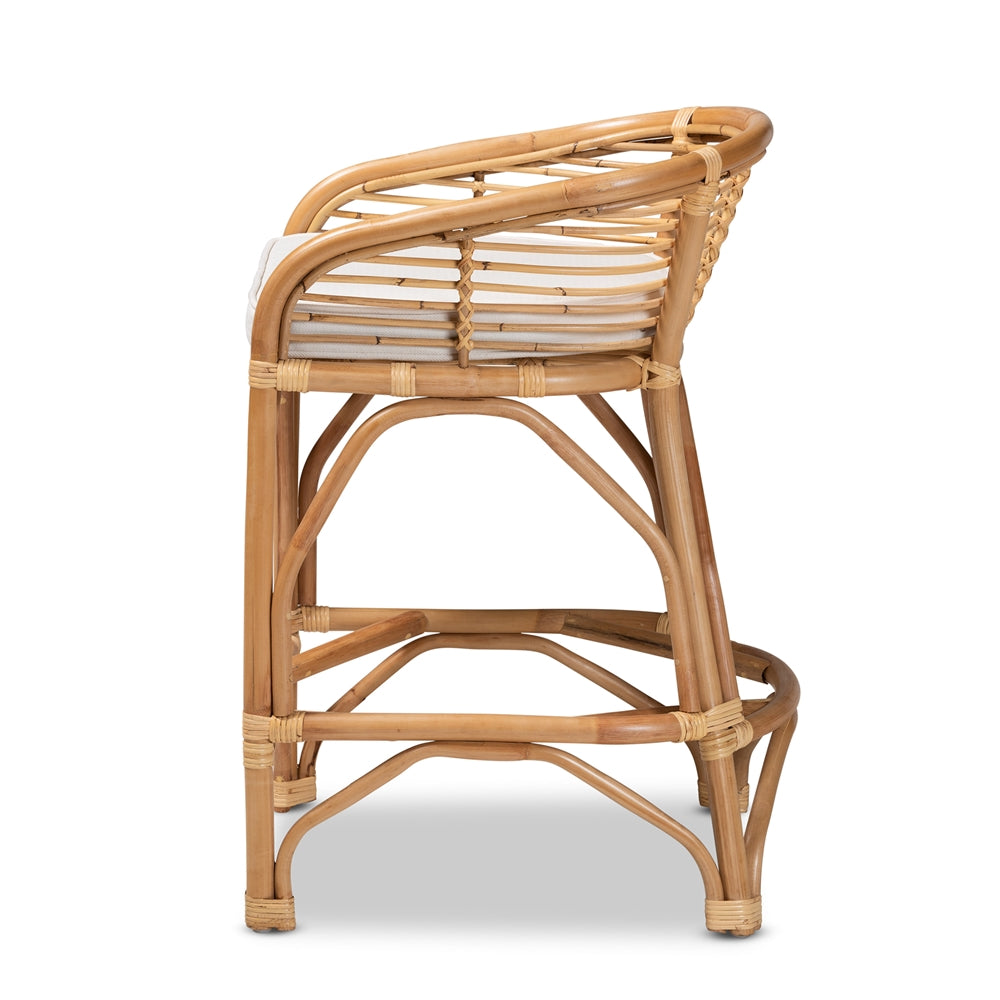 Maverick Modern Bohemian White Fabric Upholstered and Natural Brown Rattan Counter Stool