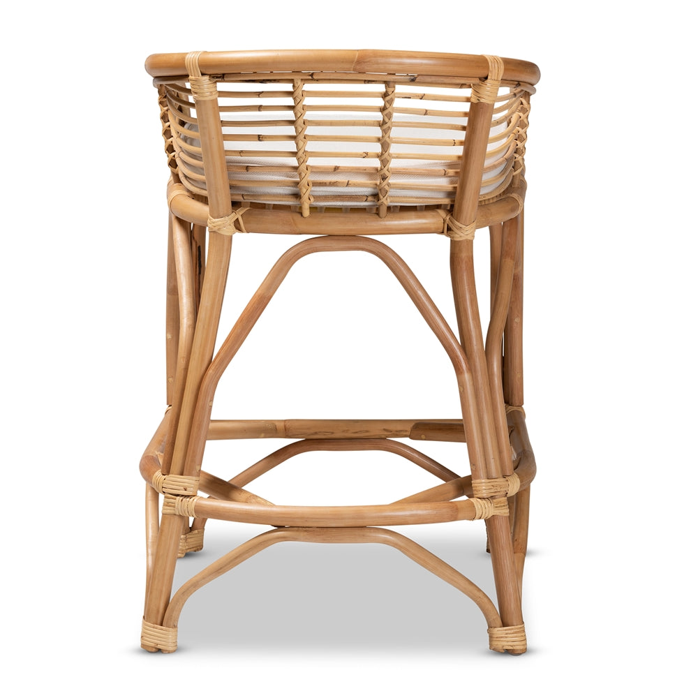 Maverick Modern Bohemian White Fabric Upholstered and Natural Brown Rattan Counter Stool