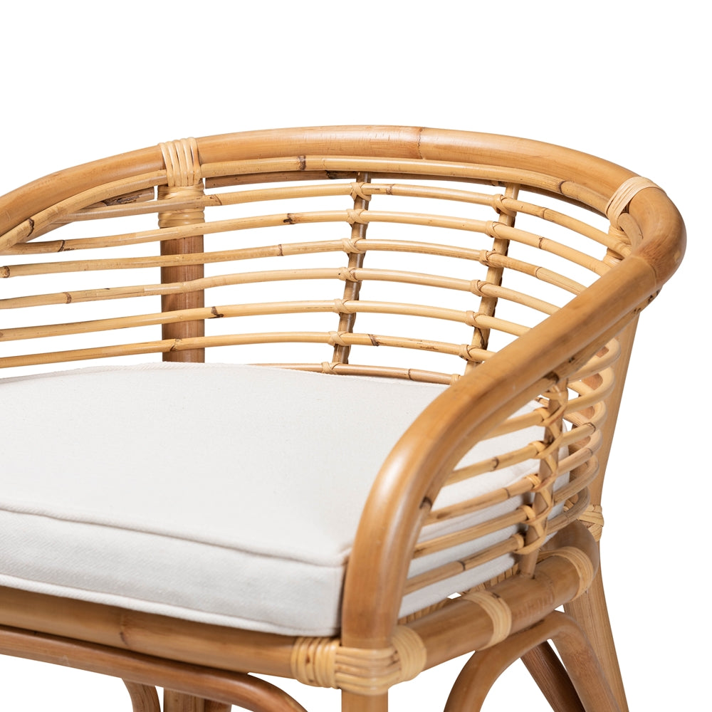 Maverick Modern Bohemian White Fabric Upholstered and Natural Brown Rattan Counter Stool