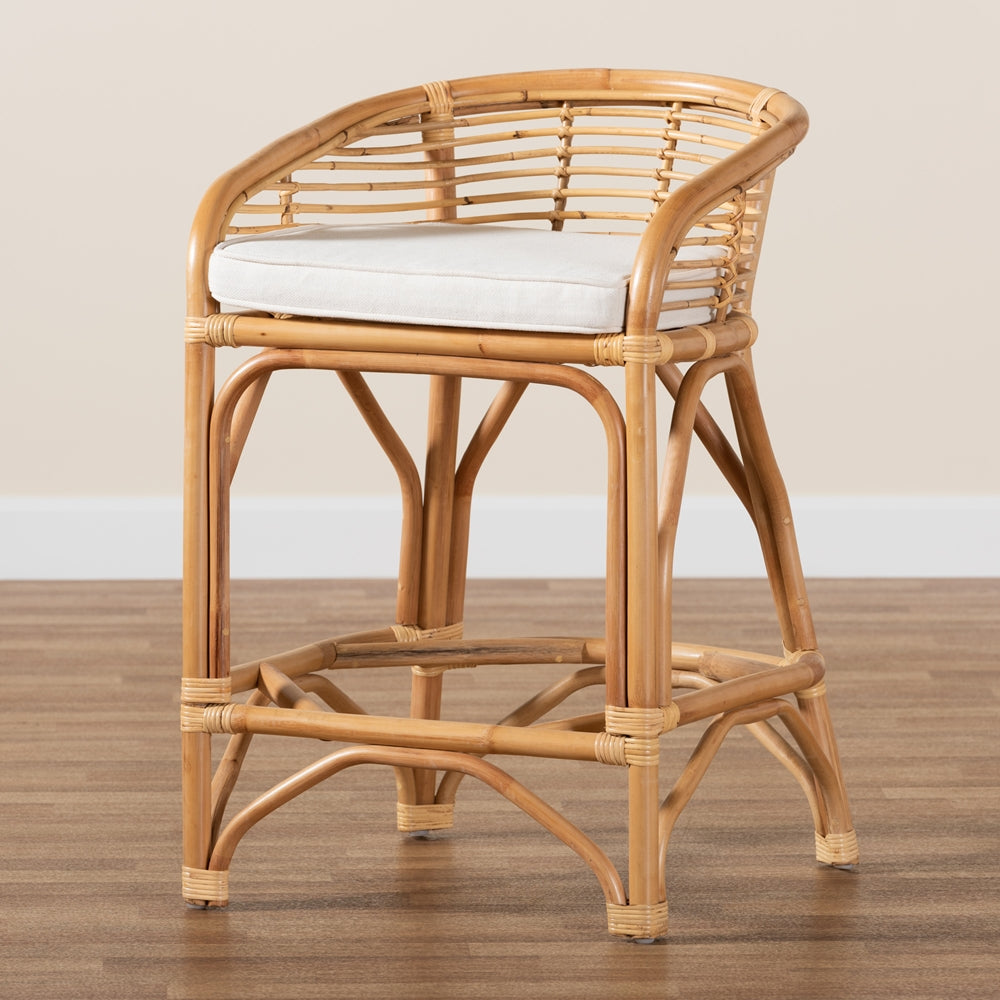 Maverick Modern Bohemian White Fabric Upholstered and Natural Brown Rattan Counter Stool