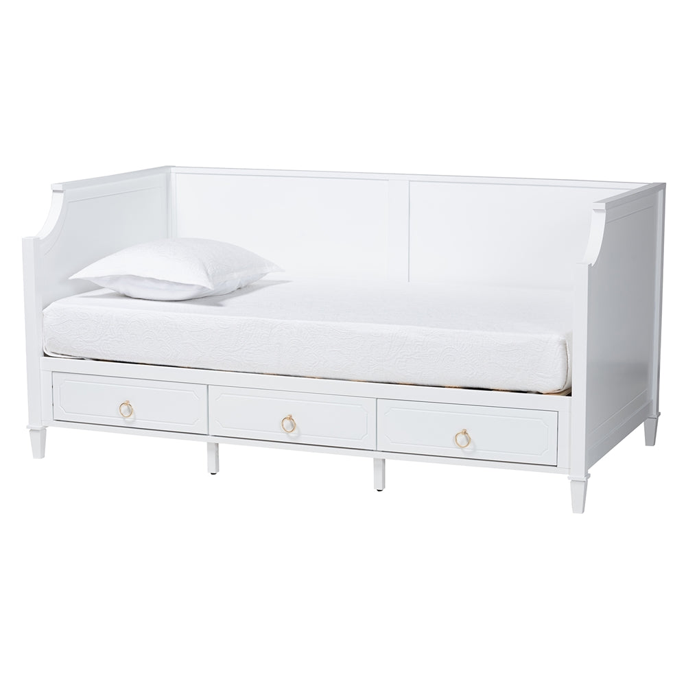 Alonzo Twin Bed Frame in White Wood – Daybed with Built-In Storage Drawers