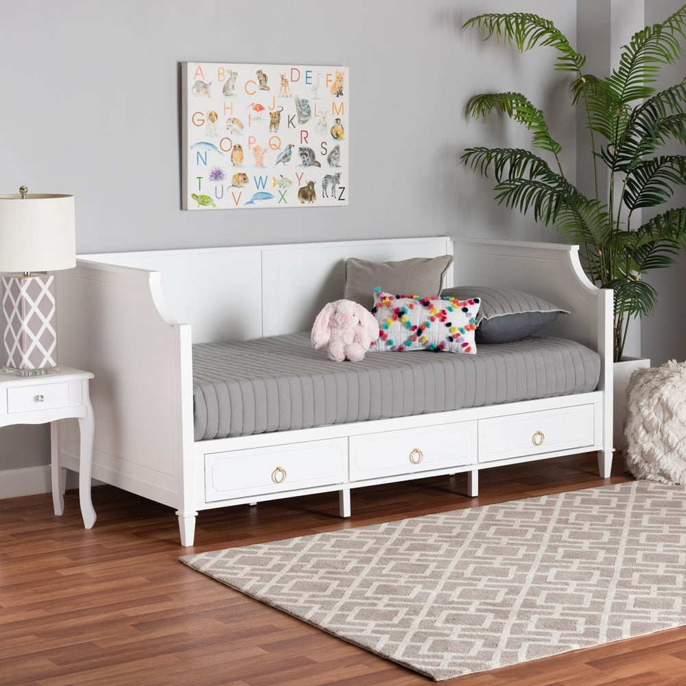 Alonzo Twin Bed Frame in White Wood – Daybed with Built-In Storage Drawers