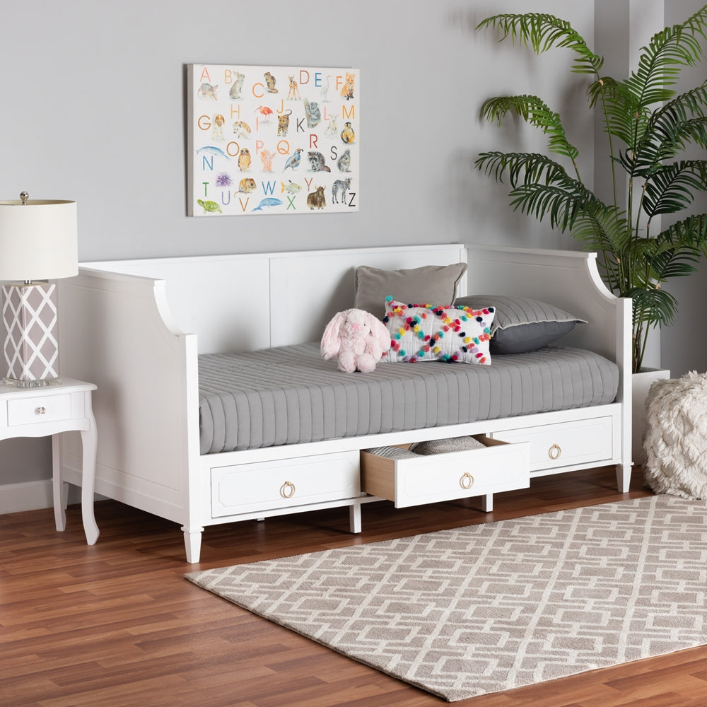 Alonzo Twin Bed Frame in White Wood – Daybed with Built-In Storage Drawers