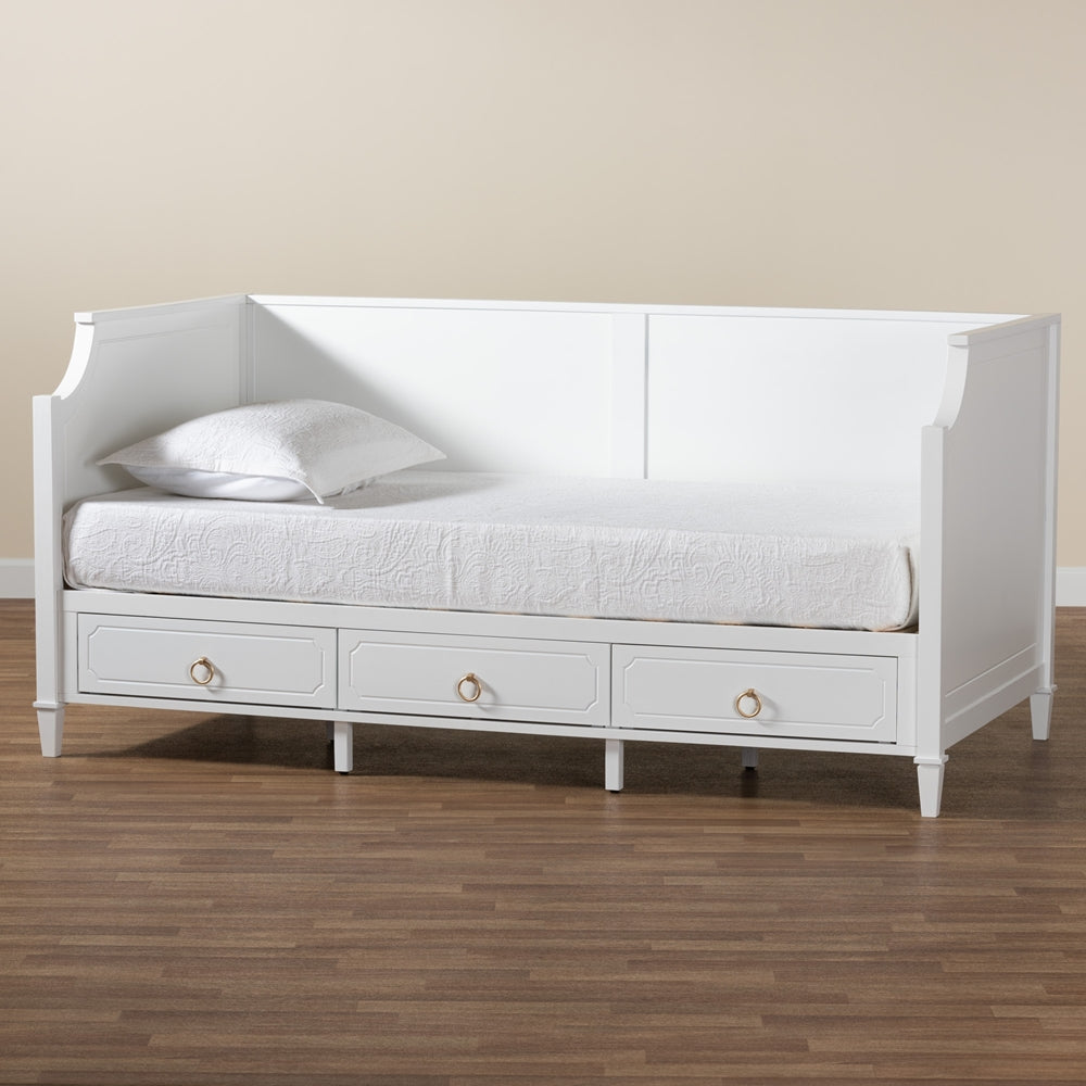 Alonzo Twin Bed Frame in White Wood – Daybed with Built-In Storage Drawers