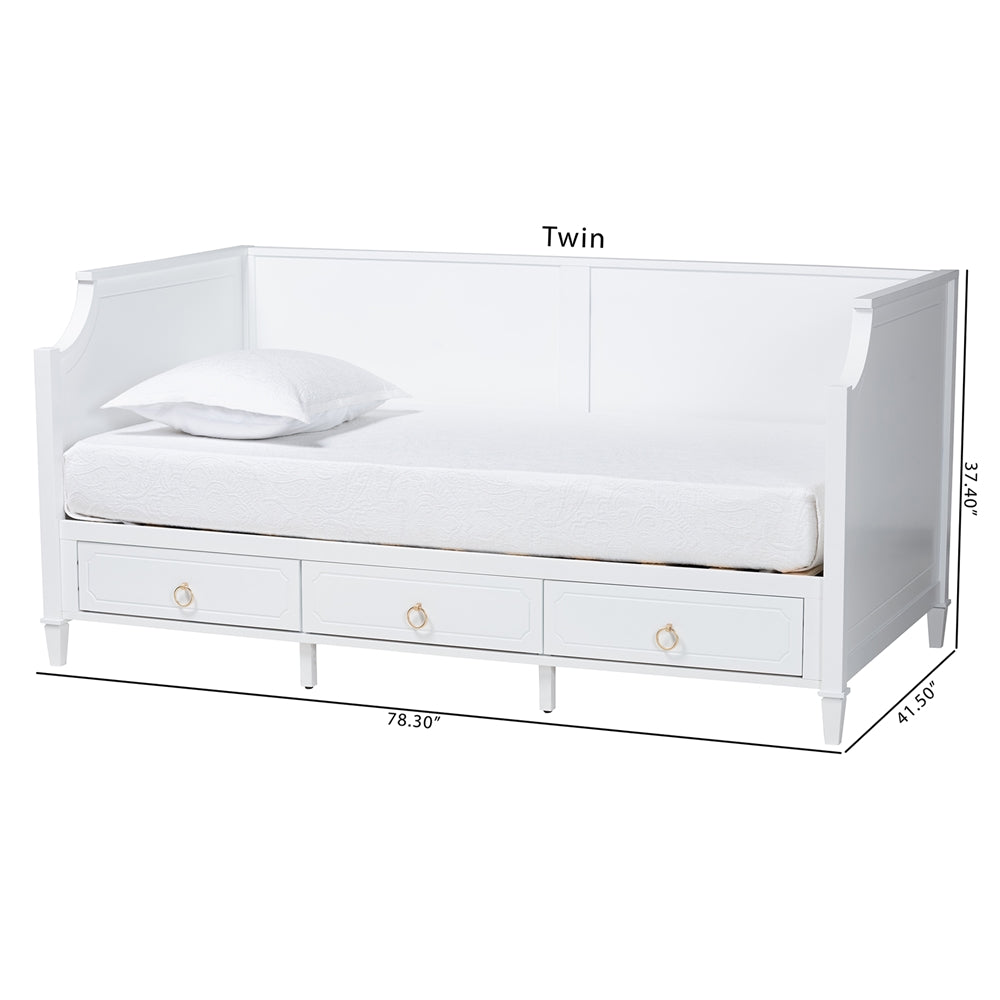 Alonzo Twin Bed Frame in White Wood – Daybed with Built-In Storage Drawers