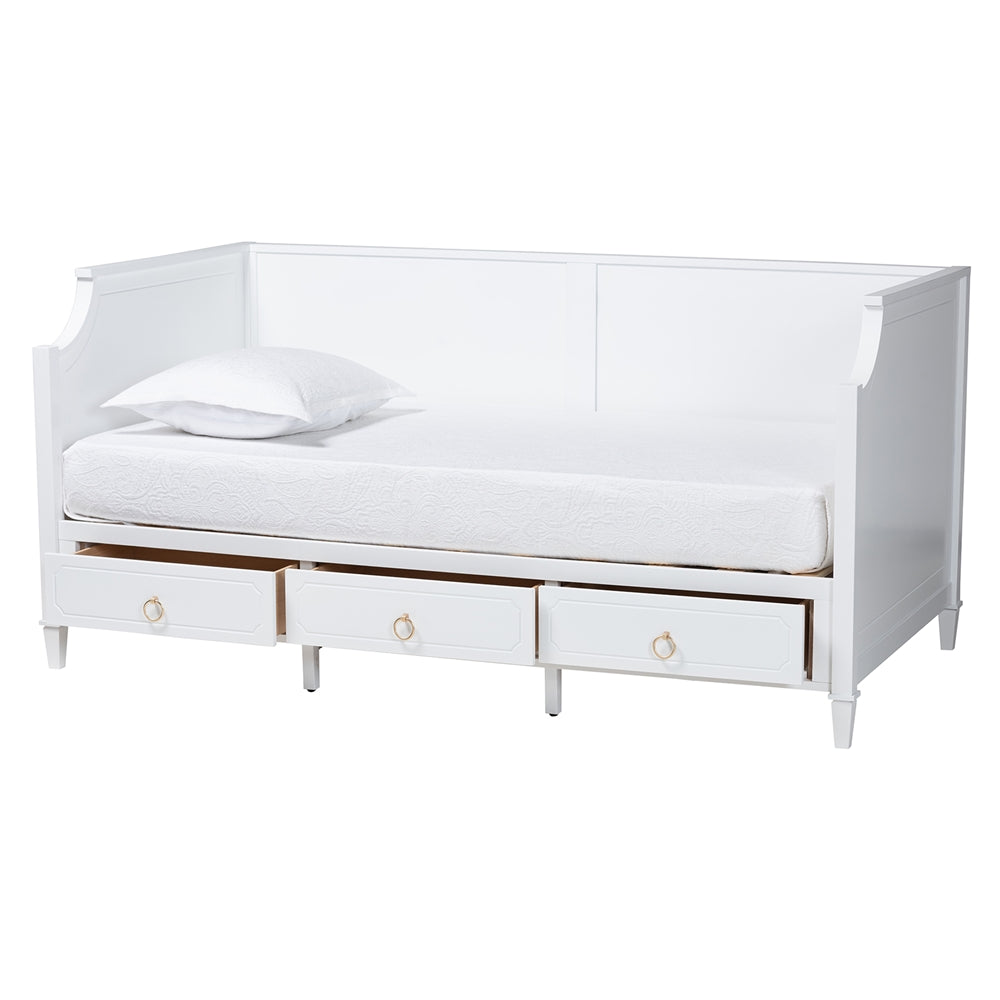 Alonzo Twin Bed Frame in White Wood – Daybed with Built-In Storage Drawers