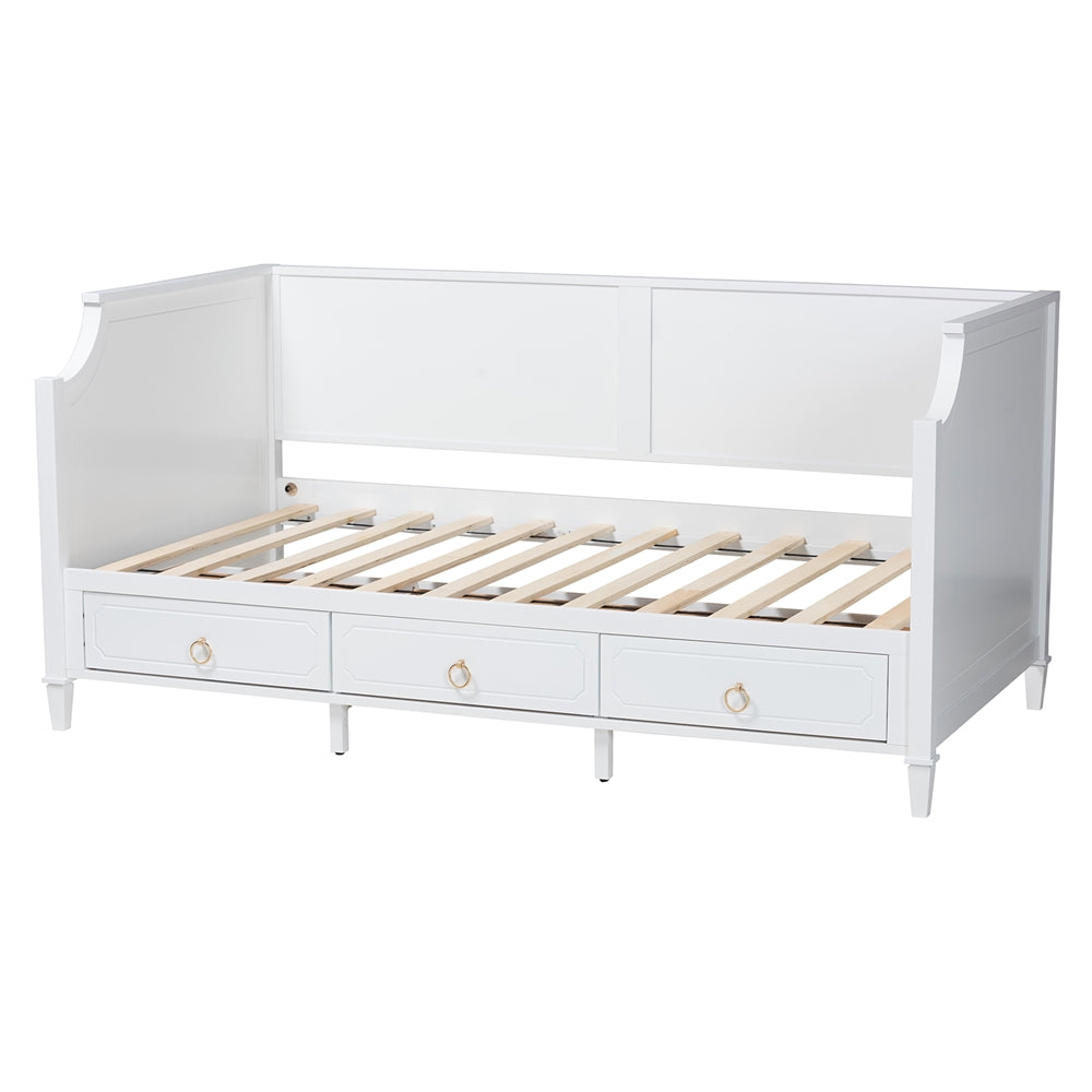 Alonzo Twin Bed Frame in White Wood – Daybed with Built-In Storage Drawers