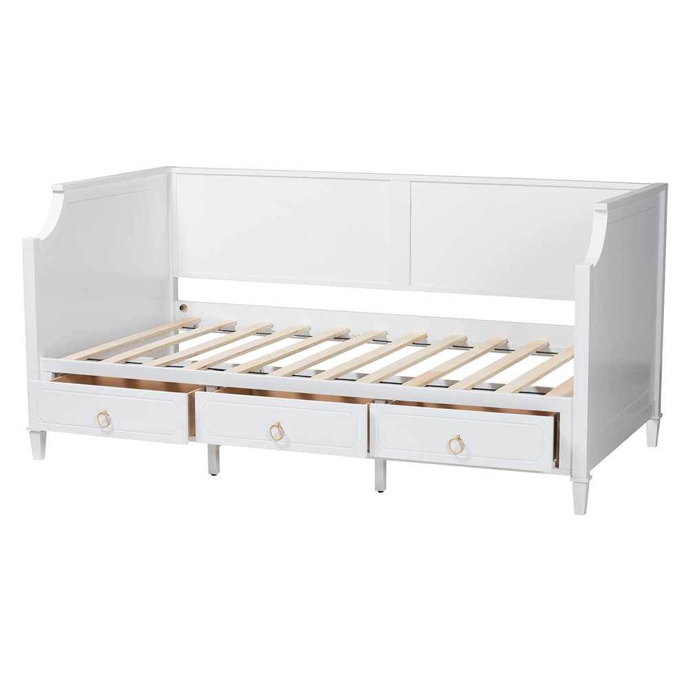 Alonzo Twin Bed Frame in White Wood – Daybed with Built-In Storage Drawers