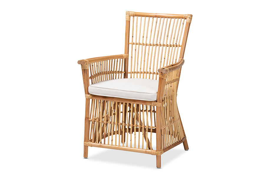bali & pari Rose Modern Bohemian White Fabric Upholstered and Natural Brown Rattan Armchair