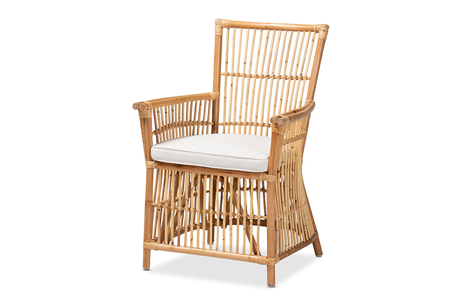 bali & pari Rose Modern Bohemian White Fabric Upholstered and Natural Brown Rattan Armchair