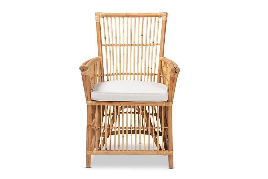bali & pari Rose Modern Bohemian White Fabric Upholstered and Natural Brown Rattan Armchair