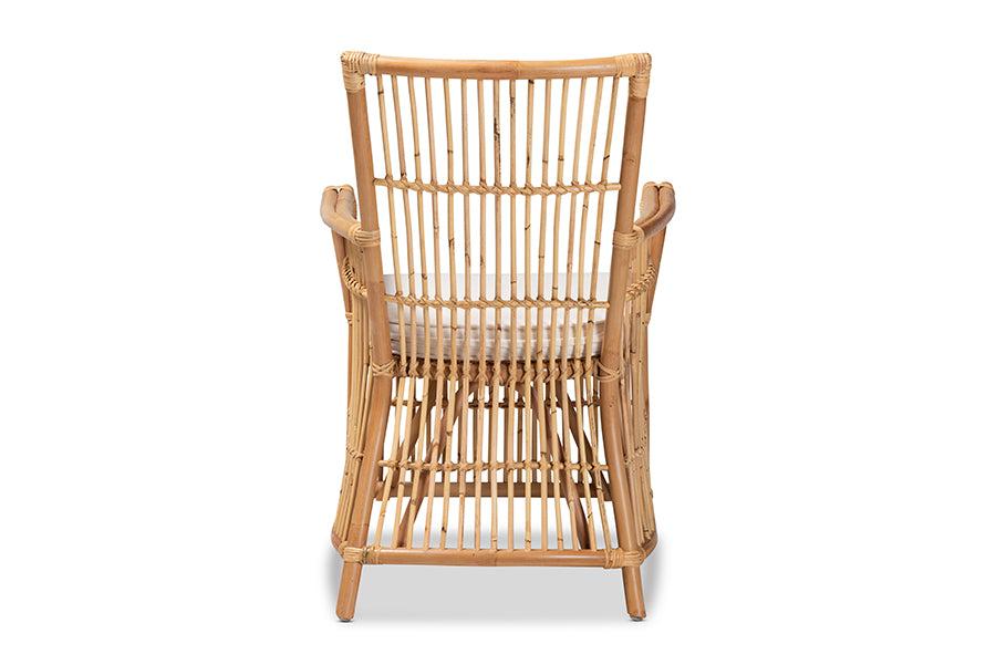 bali & pari Rose Modern Bohemian White Fabric Upholstered and Natural Brown Rattan Armchair