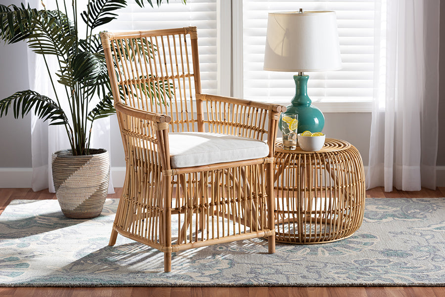 bali & pari Rose Modern Bohemian White Fabric Upholstered and Natural Brown Rattan Armchair