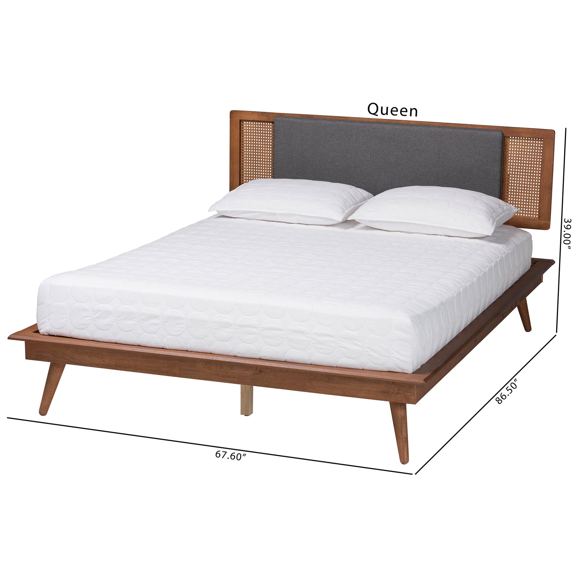 Delfina Mid-Century Modern Dark Grey Fabric And Walnut Brown Finished Wood Queen Size Platform Bed