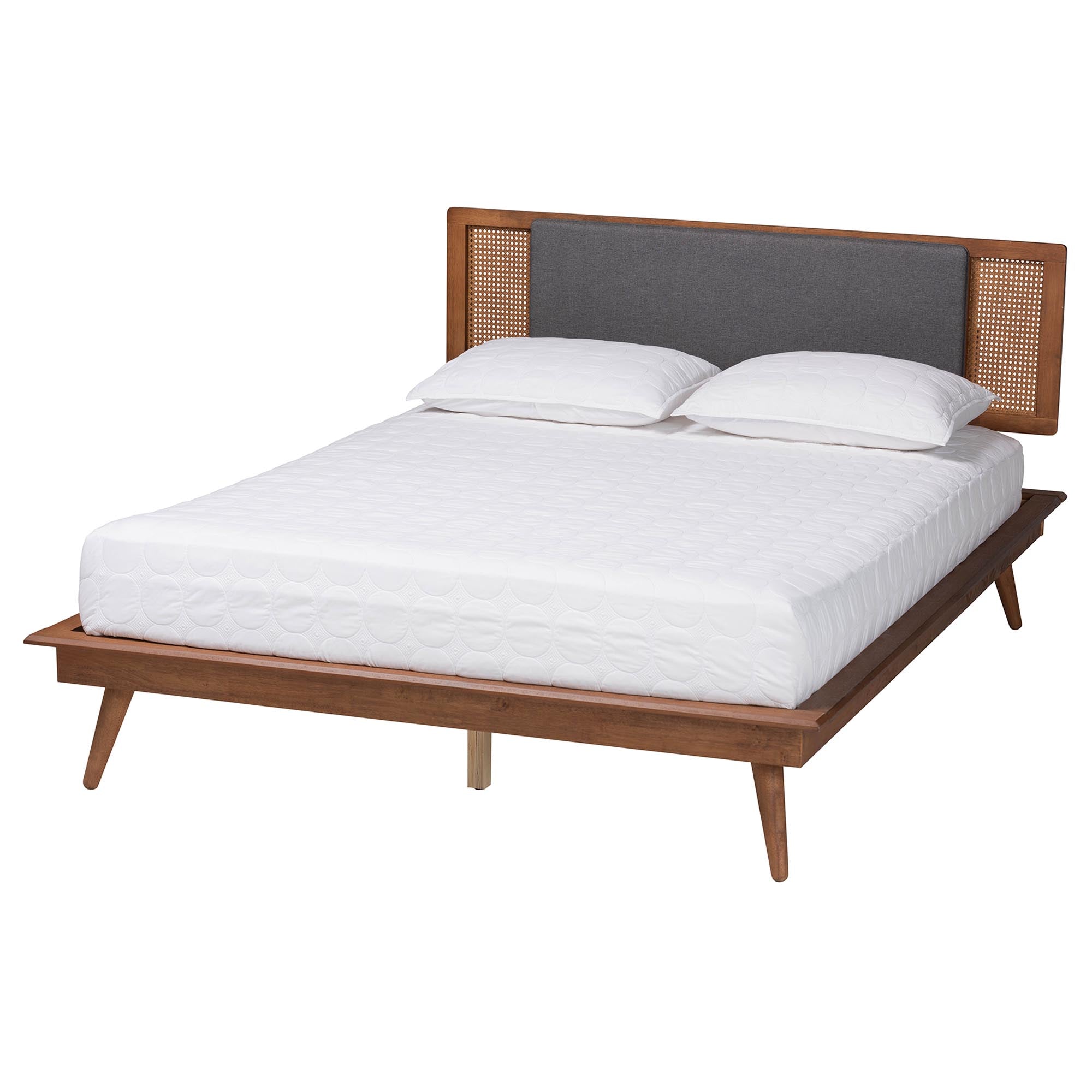 Delfina Mid-Century Modern Dark Grey Fabric And Walnut Brown Finished Wood King Size Platform Bed