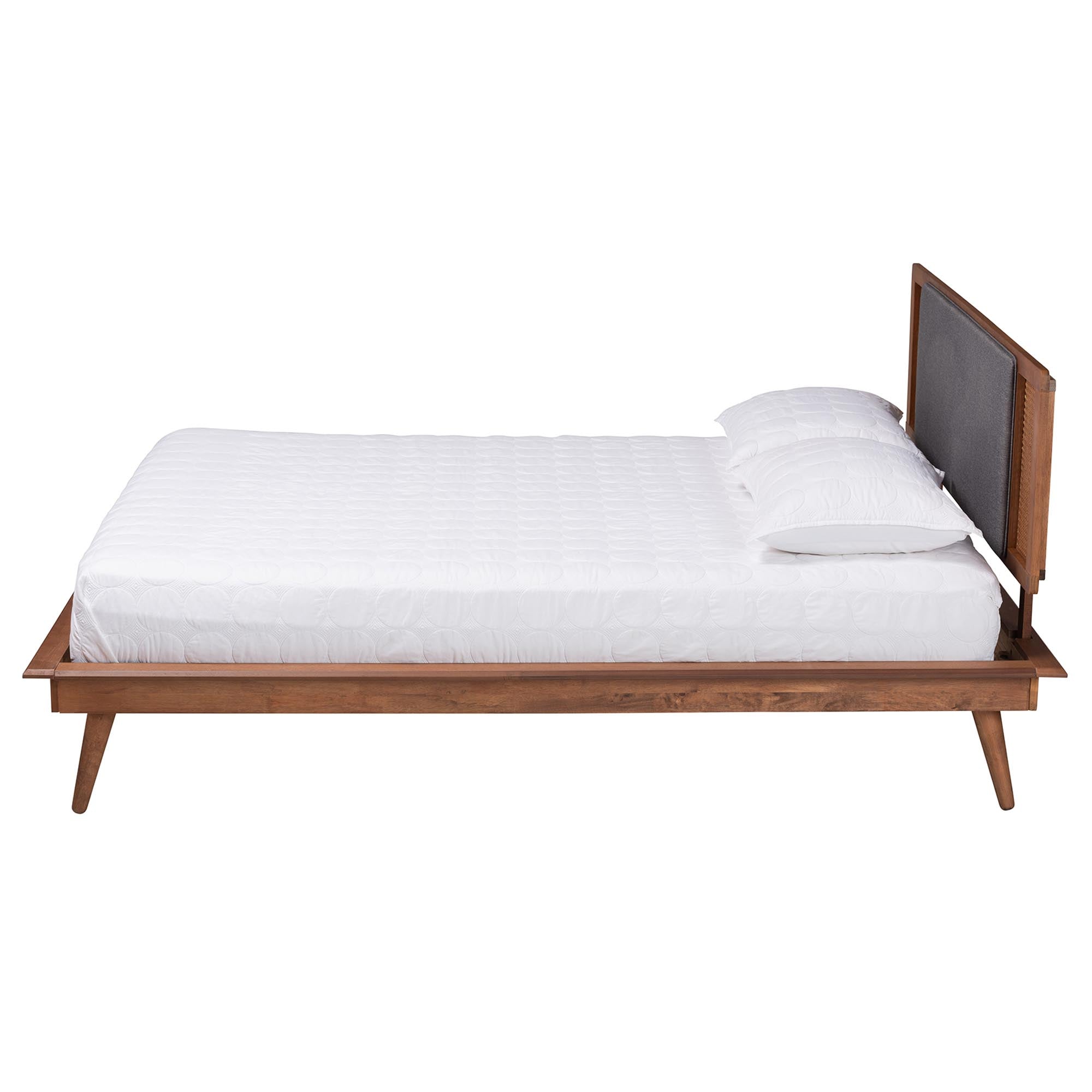Delfina Mid-Century Modern Dark Grey Fabric And Walnut Brown Finished Wood King Size Platform Bed