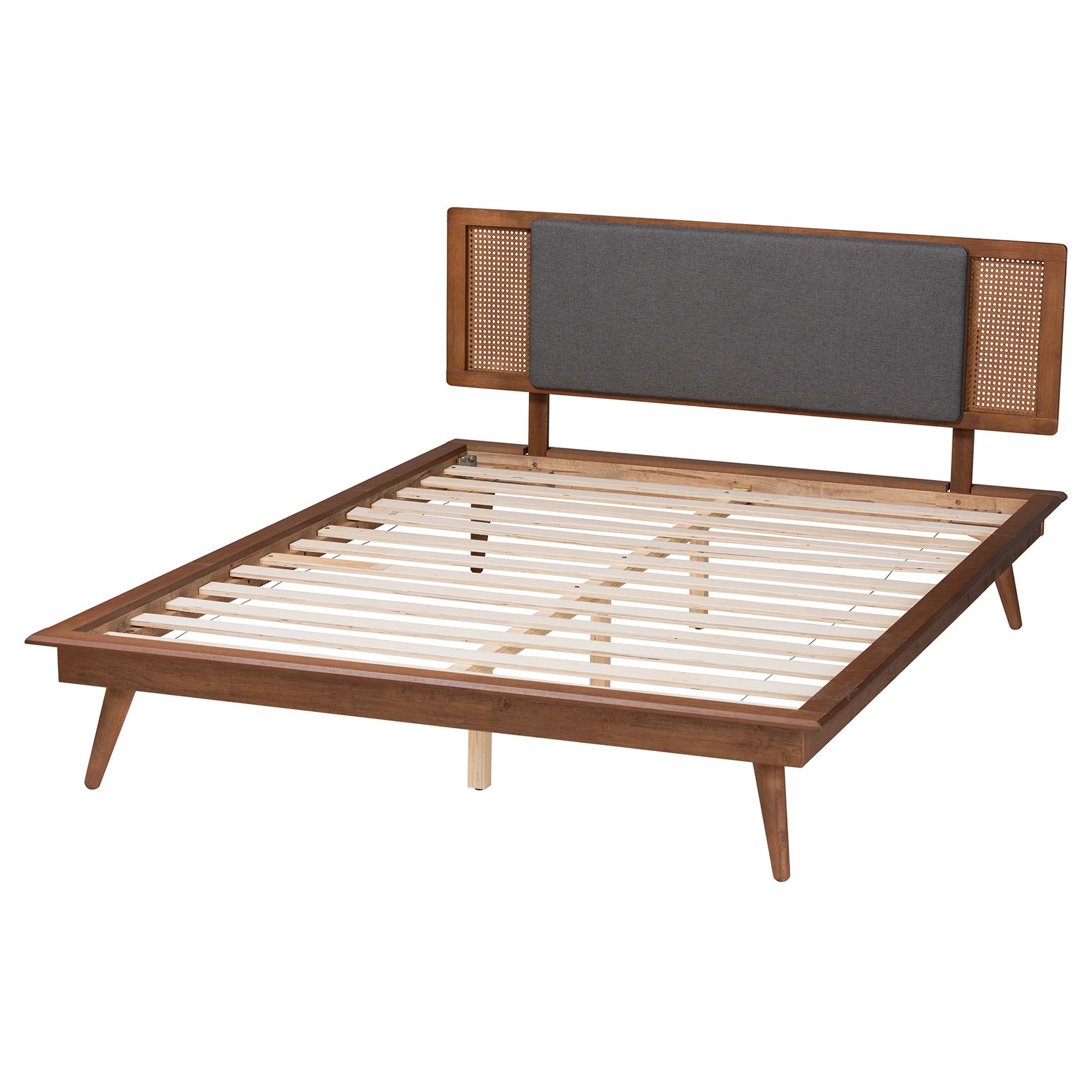 Delfina Mid-Century Modern Dark Grey Fabric And Walnut Brown Finished Wood King Size Platform Bed