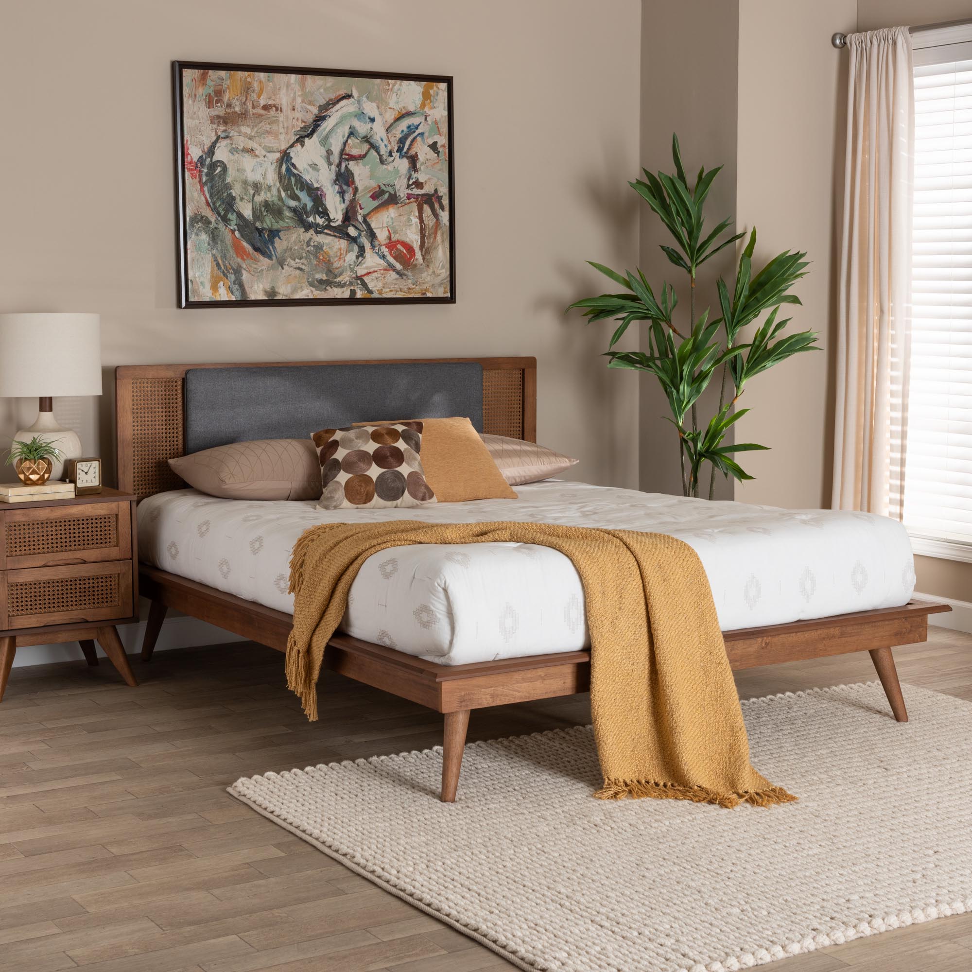 Delfina Mid-Century Modern Dark Grey Fabric And Walnut Brown Finished Wood King Size Platform Bed