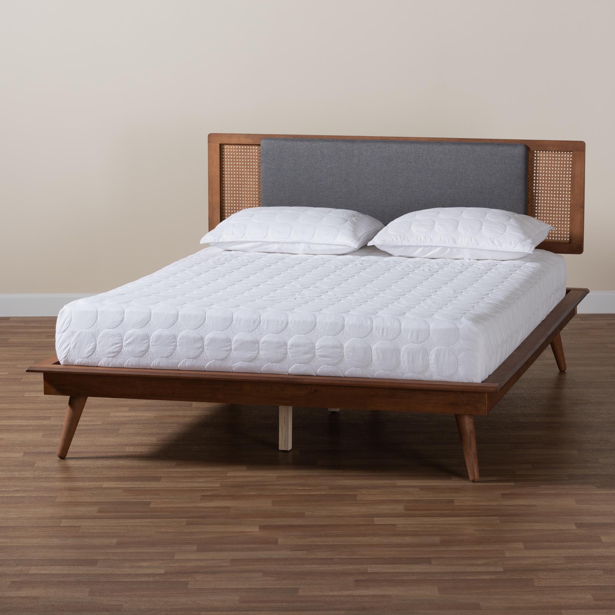Delfina Mid-Century Modern Dark Grey Fabric And Walnut Brown Finished Wood Queen Size Platform Bed