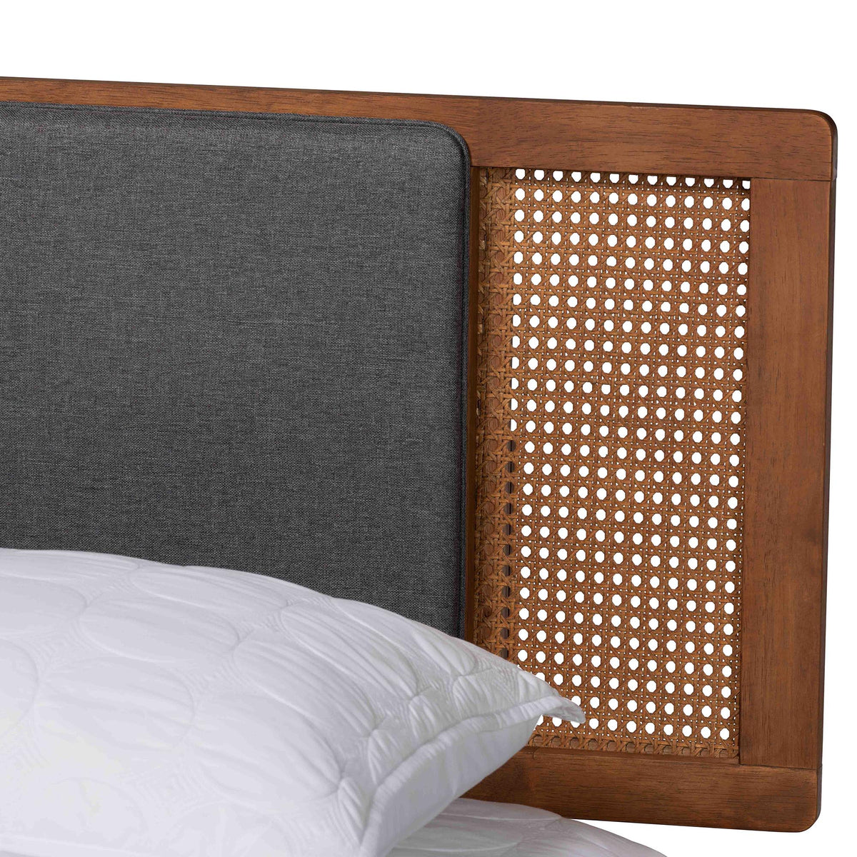Eliseo Mid-Century Modern Dark Grey Fabric And Walnut Brown Finished Wood King Size Platform Bed