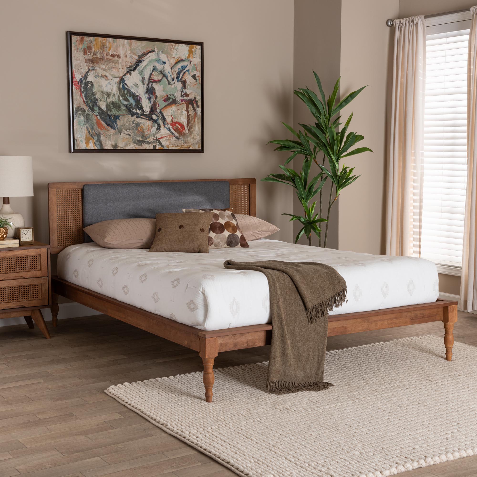 Eliseo Mid-Century Modern Dark Grey Fabric And Walnut Brown Finished Wood King Size Platform Bed