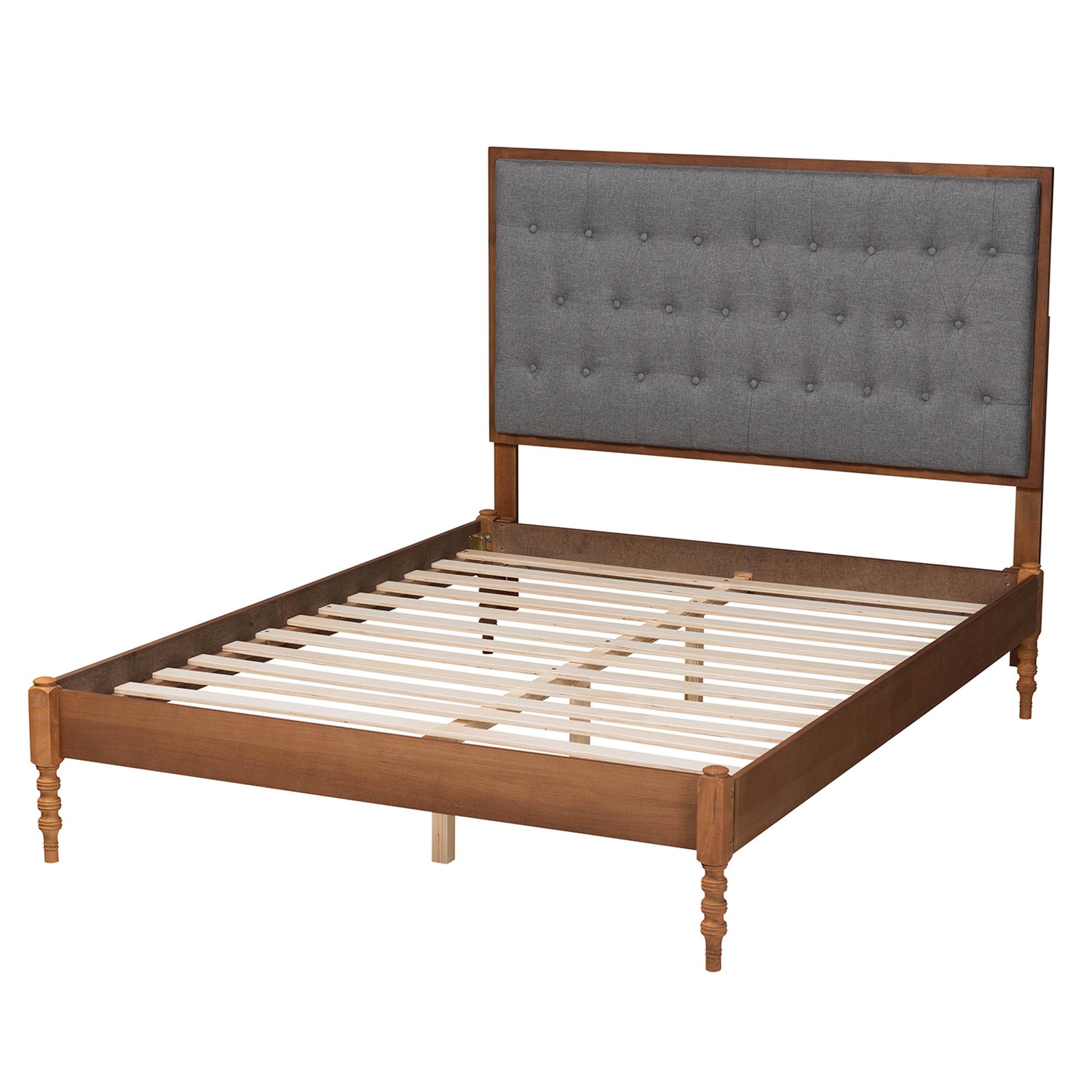 Trudy Queen Traditional Platform Bed – Button-Tufted Grey Fabric & Wood Frame