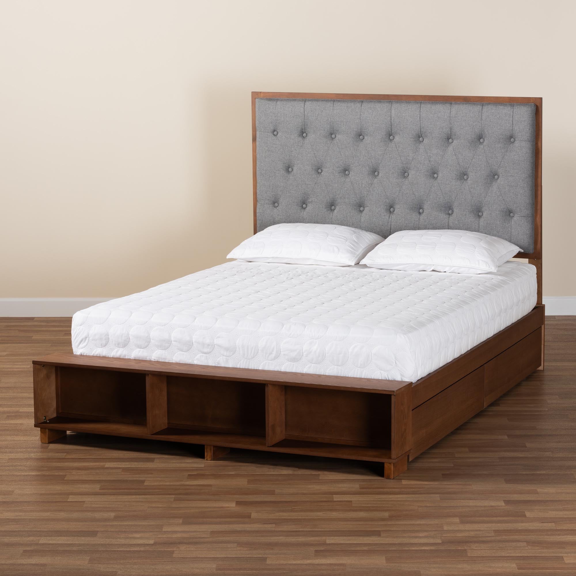 Daya Classic King Size Platform Storage Bed – Grey Upholstered Wood Frame with Under-Bed Drawers