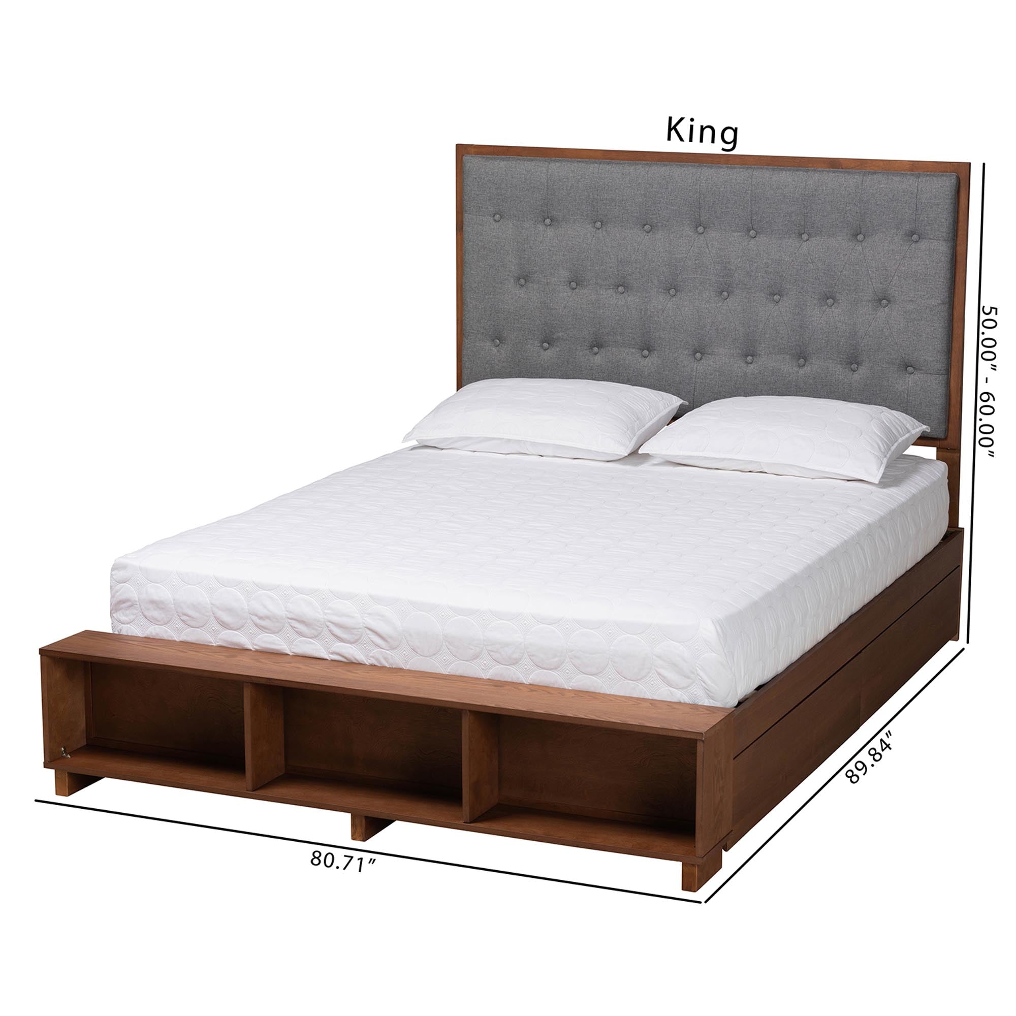 Daya Classic King Size Platform Storage Bed – Grey Upholstered Wood Frame with Under-Bed Drawers