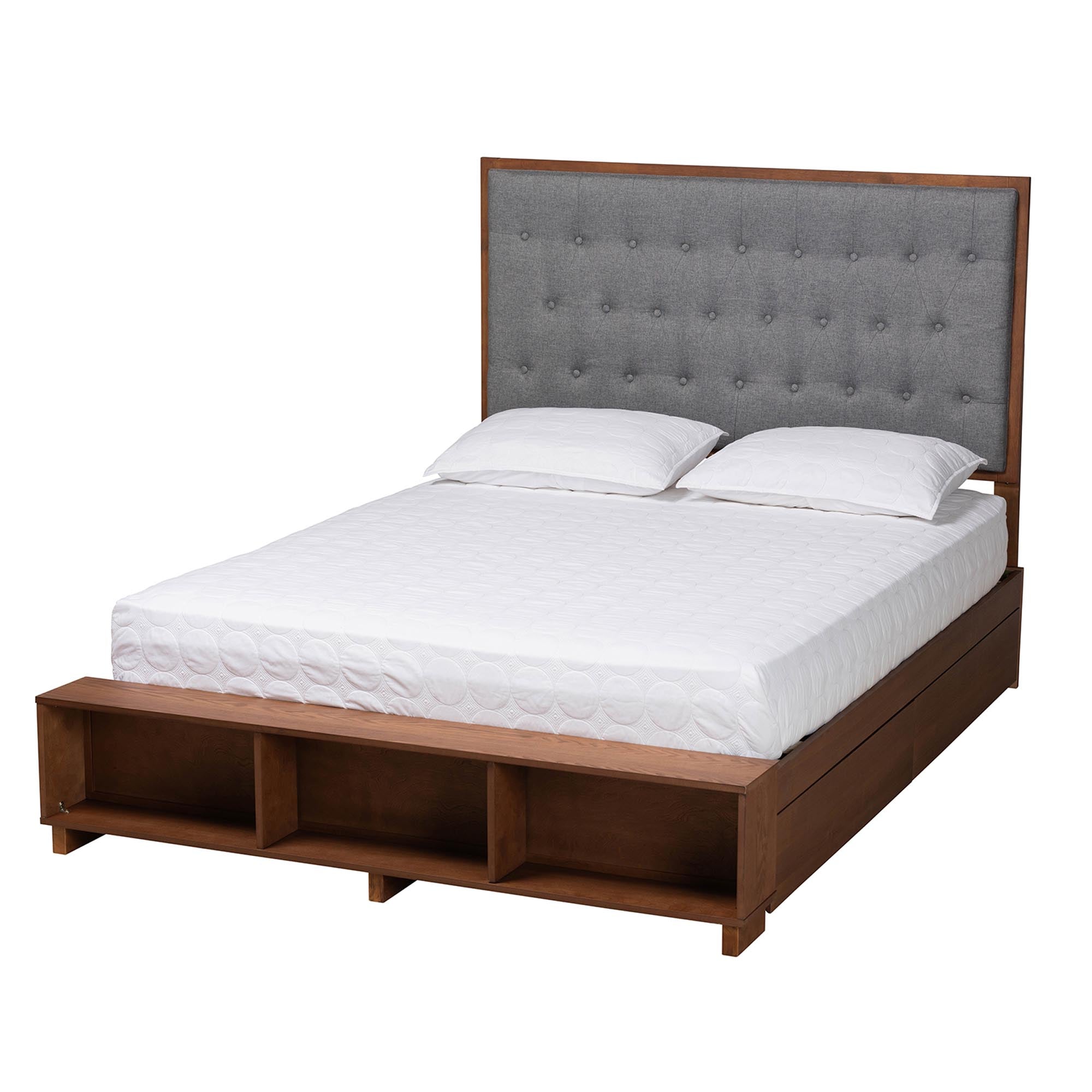 Daya Classic King Size Platform Storage Bed – Grey Upholstered Wood Frame with Under-Bed Drawers