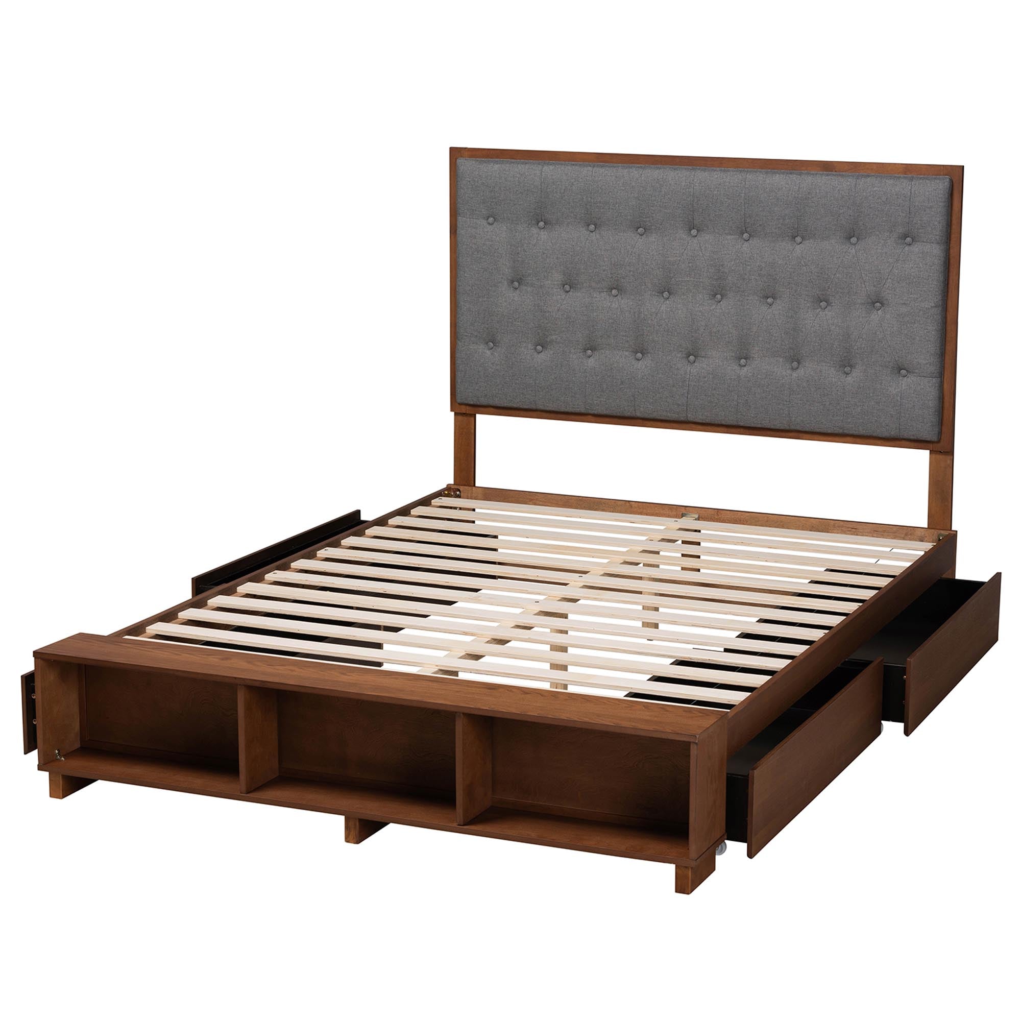 Daya Classic King Size Platform Storage Bed – Grey Upholstered Wood Frame with Under-Bed Drawers