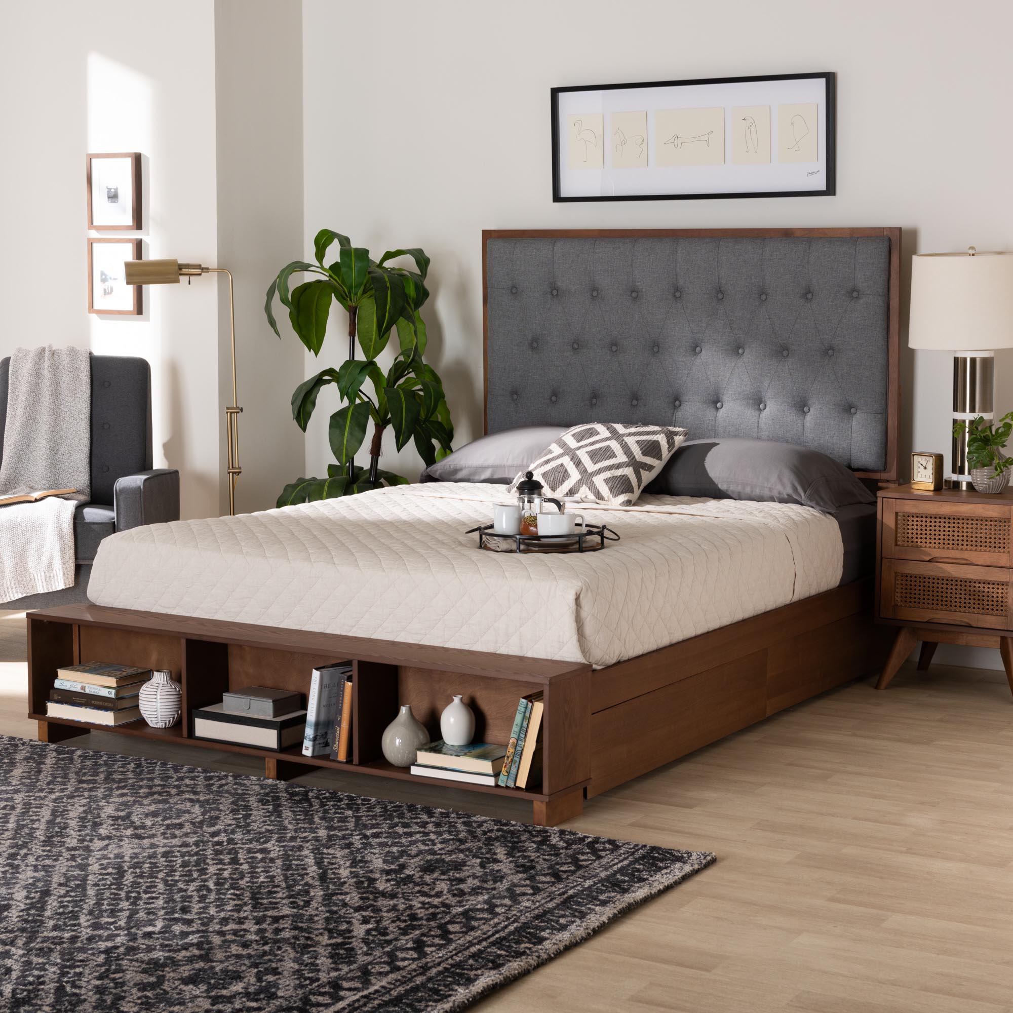 Daya Classic King Size Platform Storage Bed – Grey Upholstered Wood Frame with Under-Bed Drawers