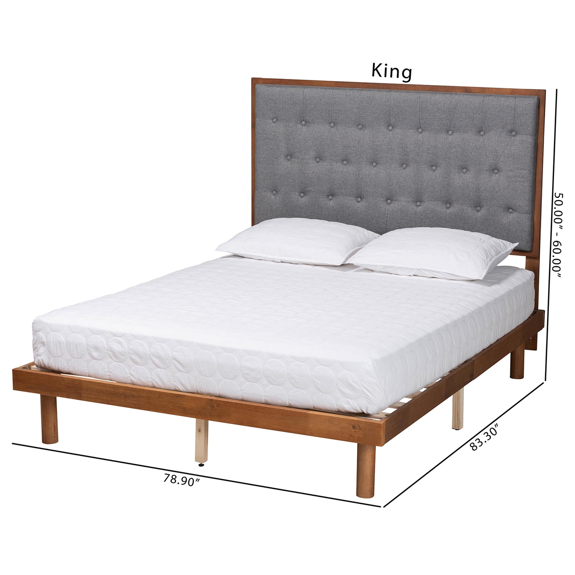 Ozark King Size Wood Platform Bed Grey Upholstered – Classic Button-Tufted Style