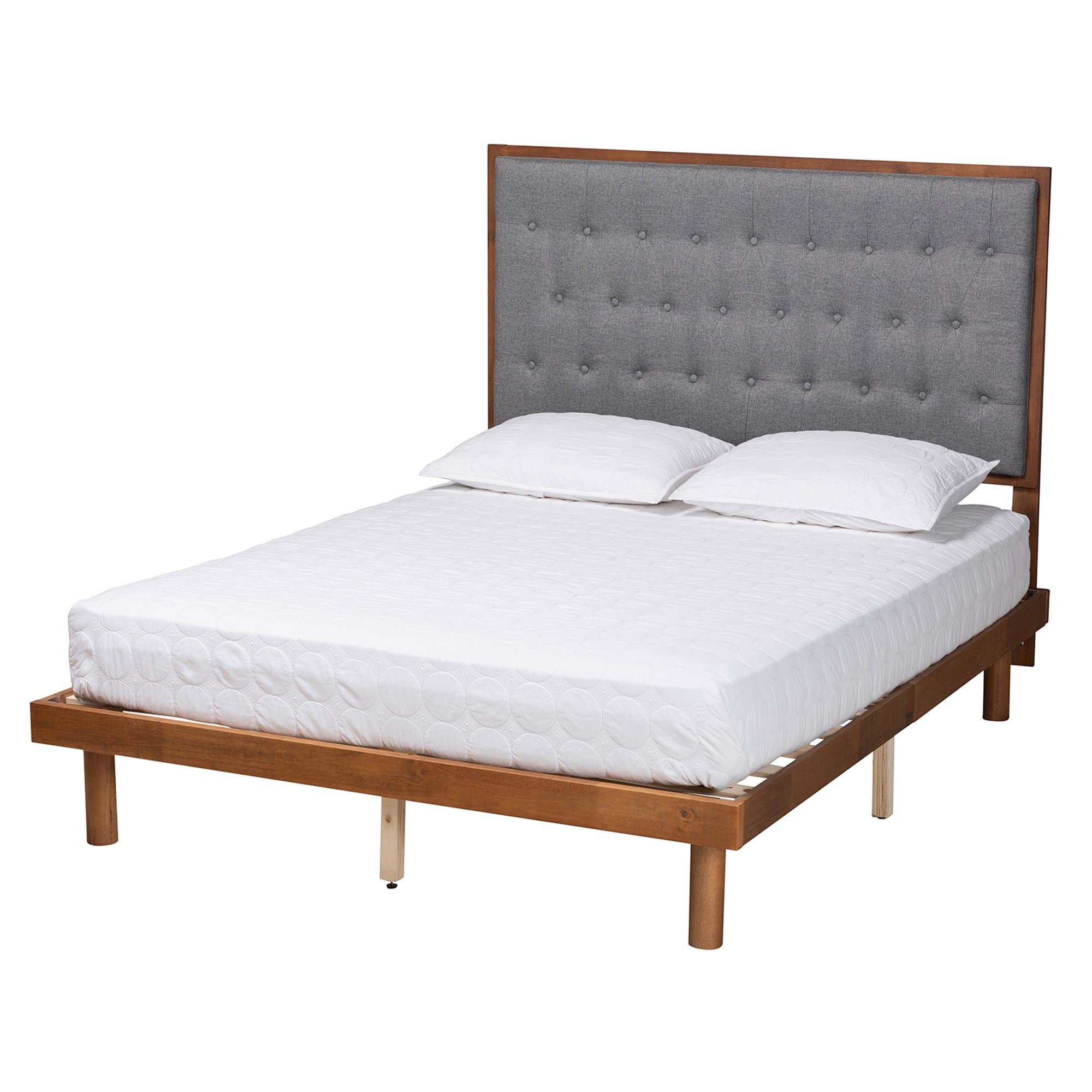 Ozark King Size Wood Platform Bed Grey Upholstered – Classic Button-Tufted Style
