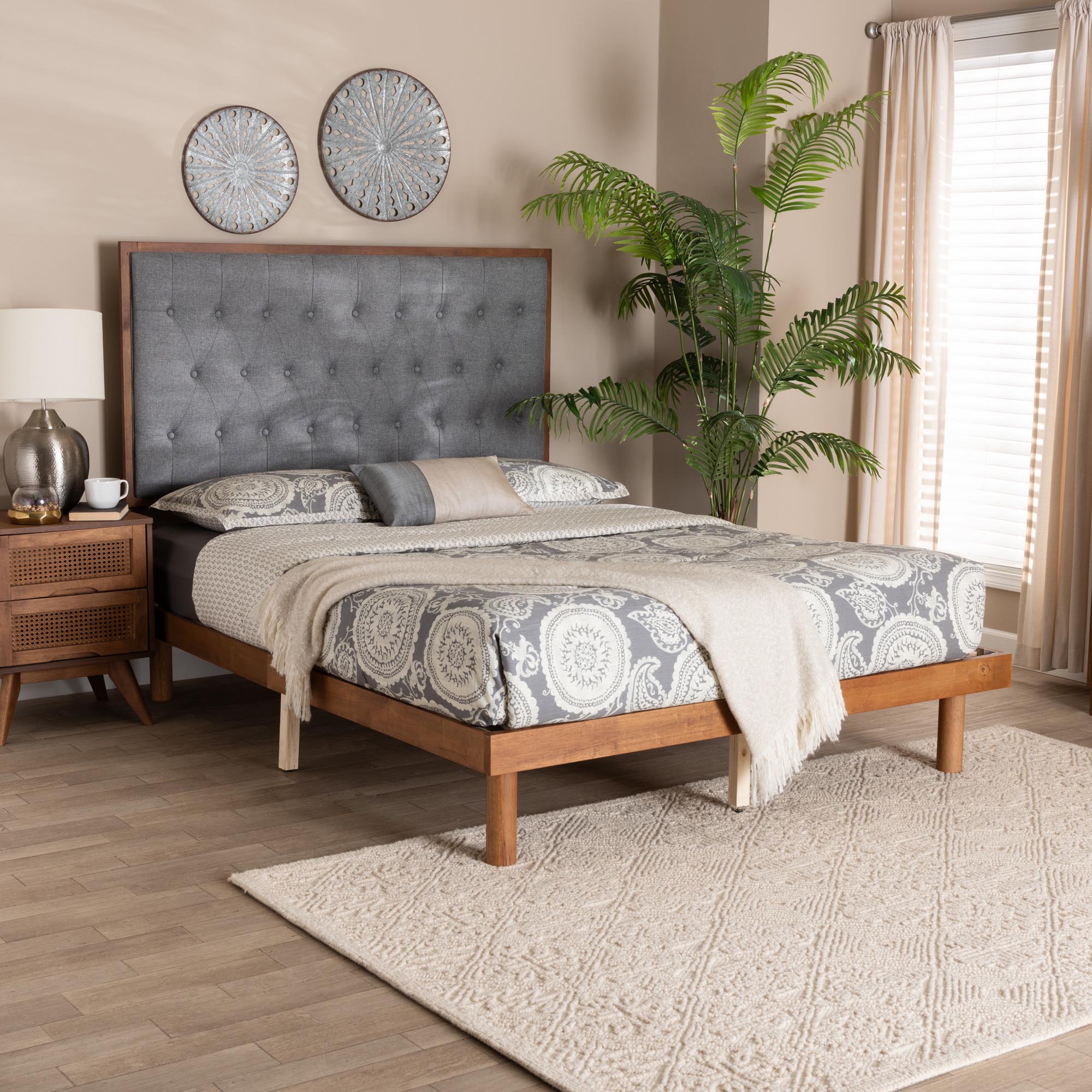 Ozark King Size Wood Platform Bed Grey Upholstered – Classic Button-Tufted Style
