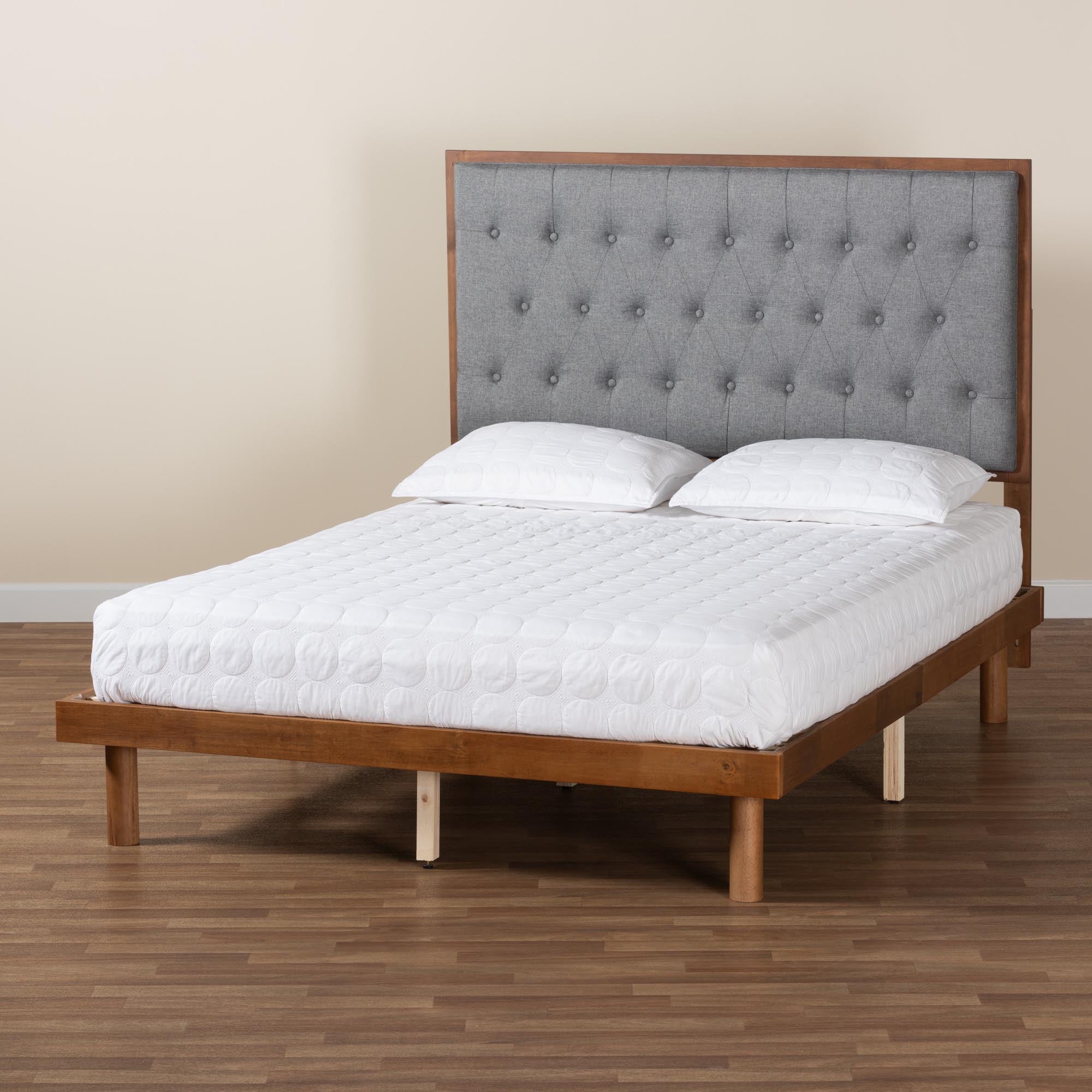 Ozark King Size Wood Platform Bed Grey Upholstered – Classic Button-Tufted Style