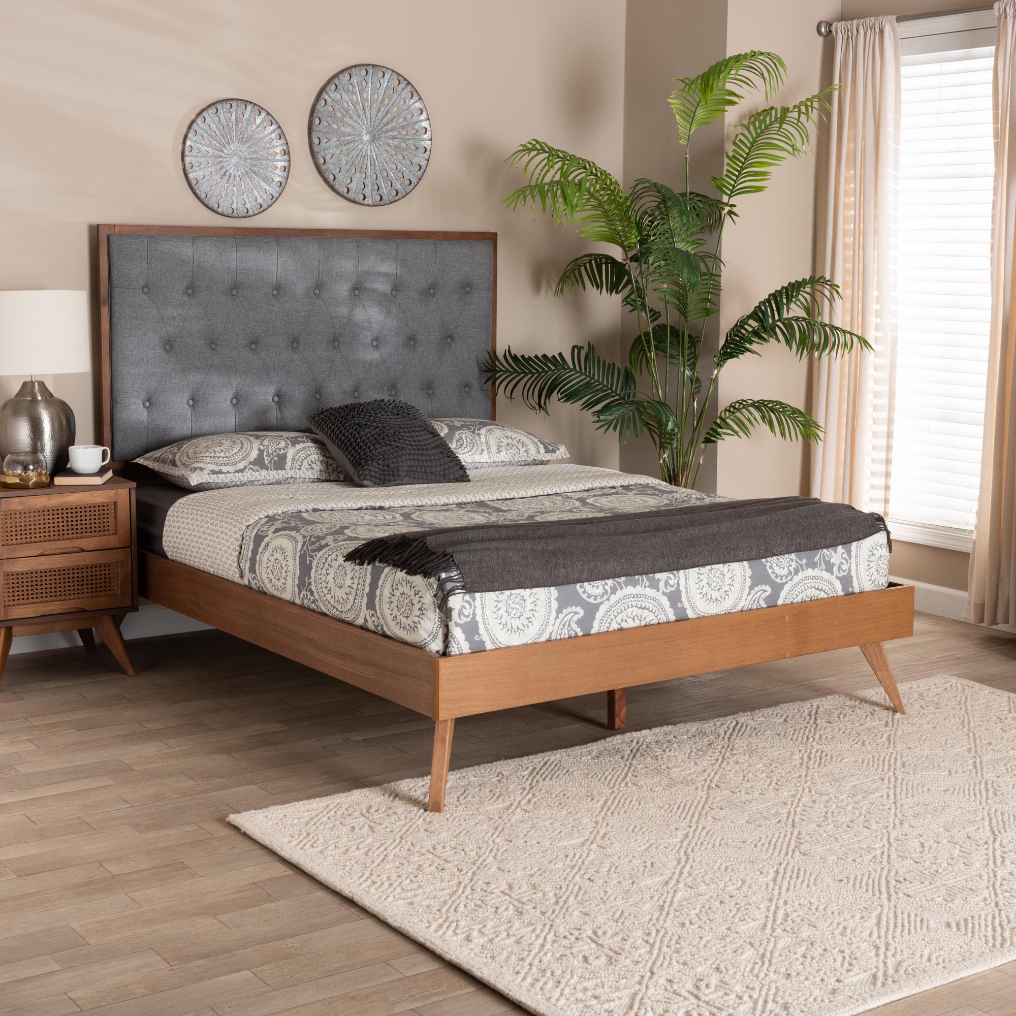 Zulie Queen Size Platform Bed – Button Tufted Grey Fabric No Box Spring