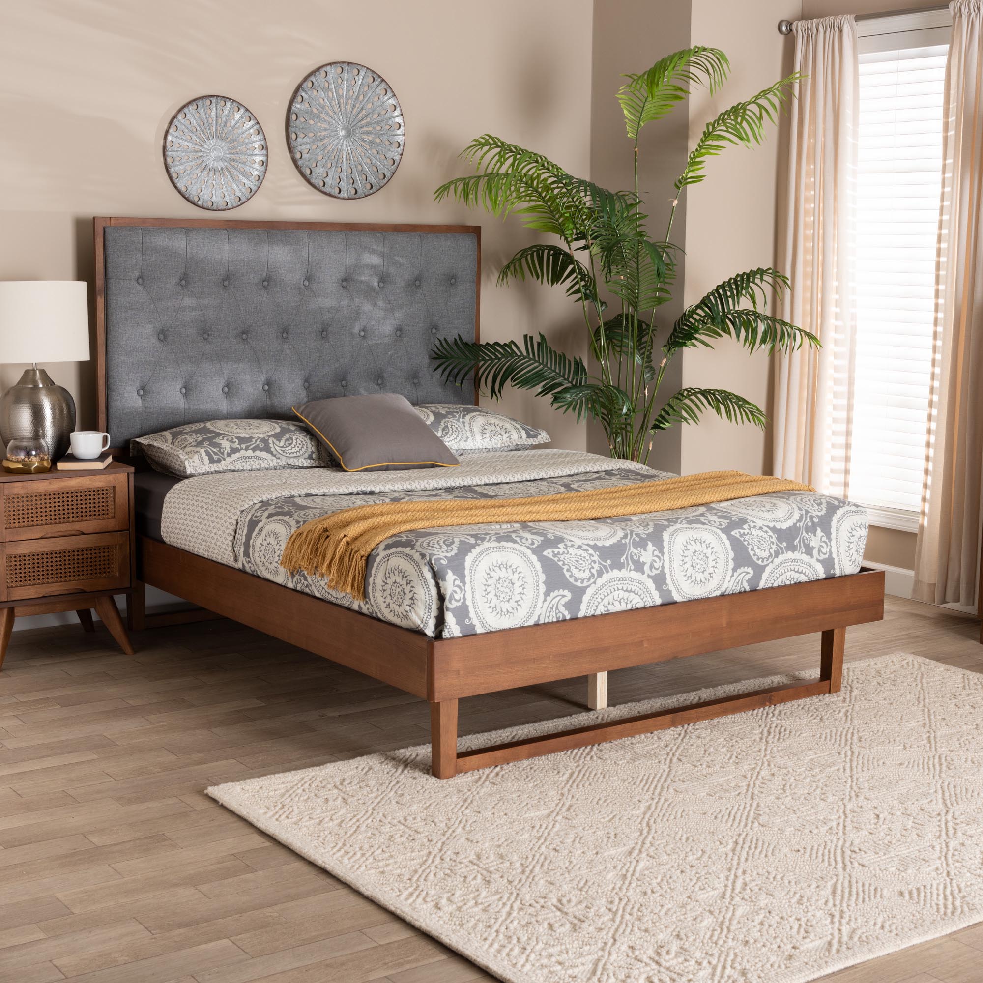 Bruno Adjustable Height King Platform Bed – Traditional Grey Fabric & Wood Construction