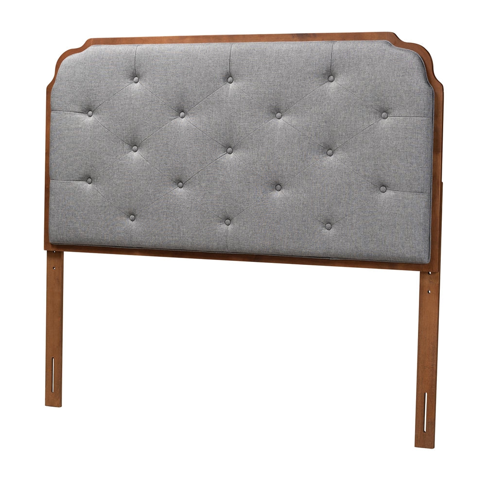 Shanti Classic and Traditional Grey Fabric and Walnut Brown Finished Wood King Size Headboard