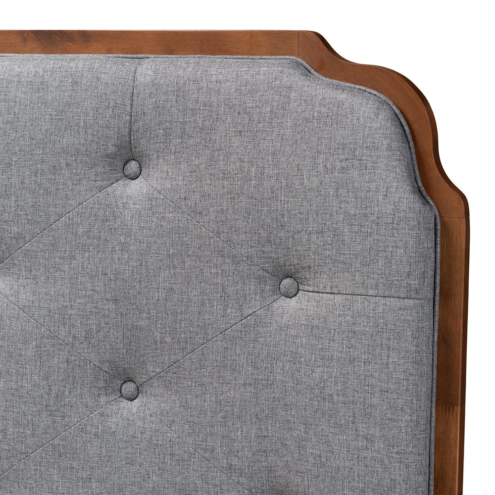 Shanti Classic and Traditional Grey Fabric and Walnut Brown Finished Wood King Size Headboard