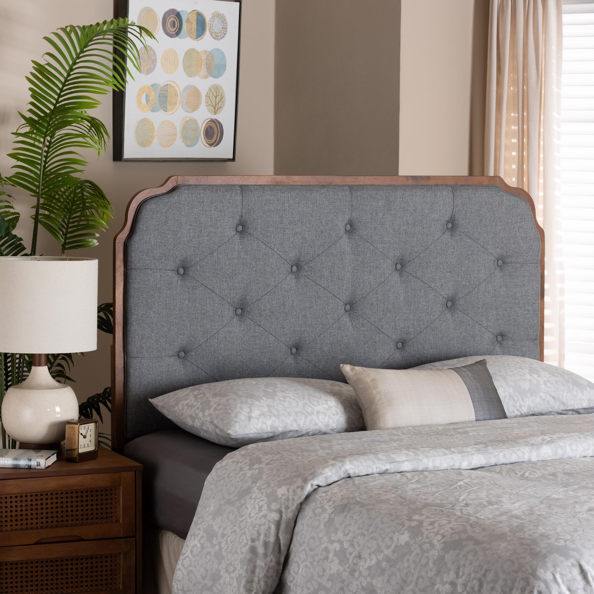 Shanti Classic and Traditional Grey Fabric and Walnut Brown Finished Wood King Size Headboard