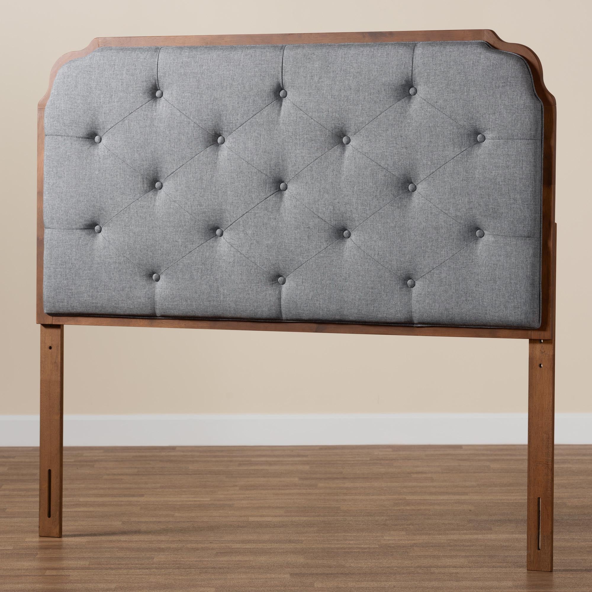 Shanti Classic and Traditional Grey Fabric and Walnut Brown Finished Wood King Size Headboard