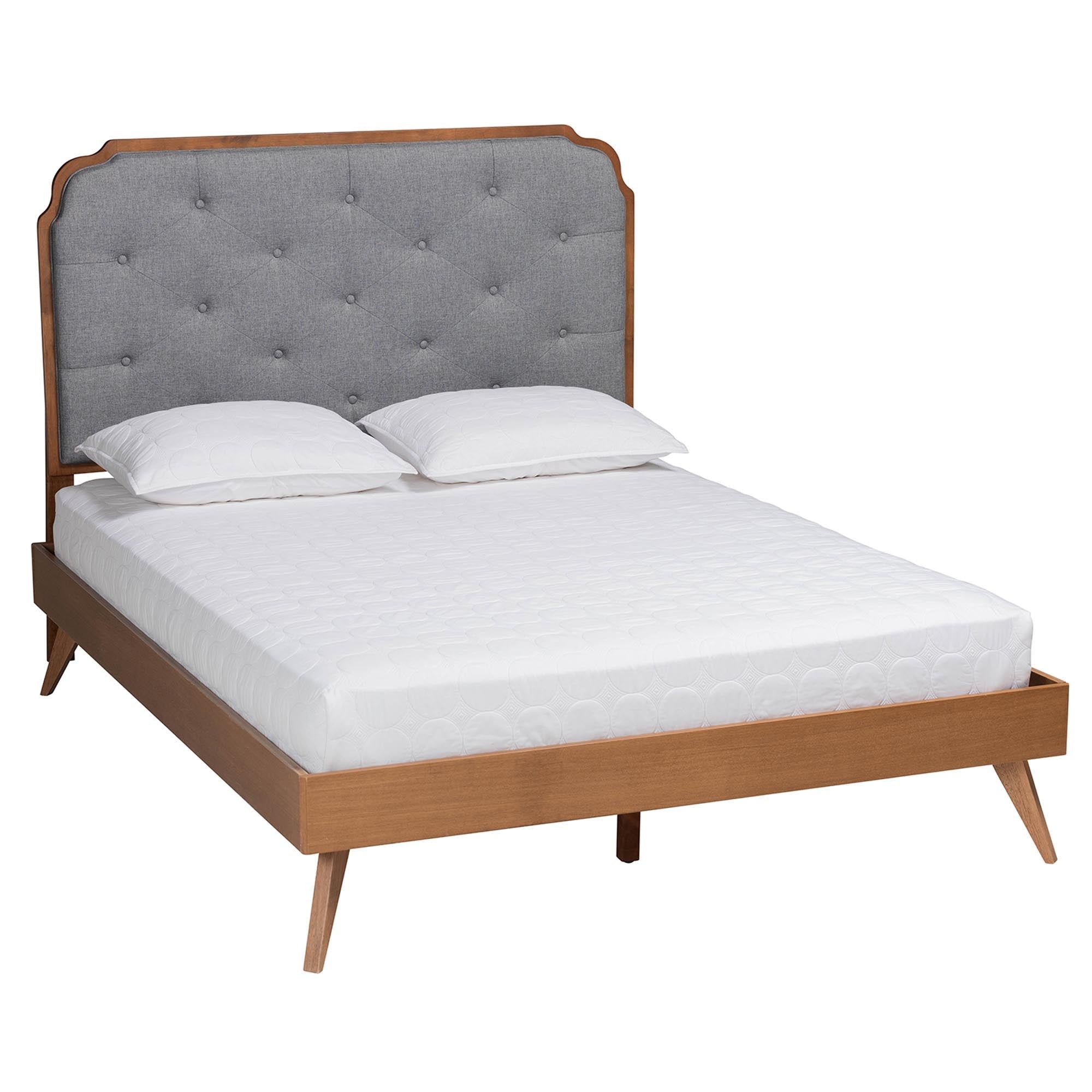 Arlianis Queen Bed – Grey Polyester Fabric, Walnut Brown Rubberwood Platform, Adjustable Headboard