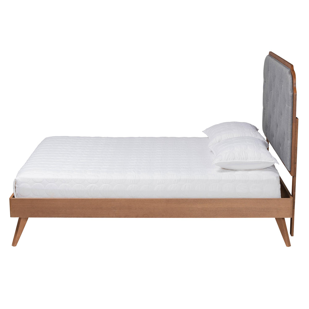 Claudius King Fabric Upholstered & Walnut Wood Platform Bed – Adjustable Height Mid‑Century