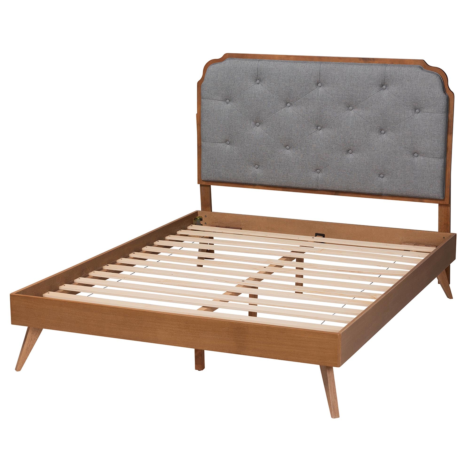 Arlianis Queen Bed – Grey Polyester Fabric, Walnut Brown Rubberwood Platform, Adjustable Headboard