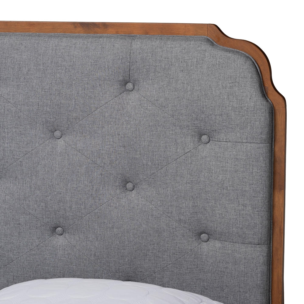 Arlianis Queen Bed – Grey Polyester Fabric, Walnut Brown Rubberwood Platform, Adjustable Headboard