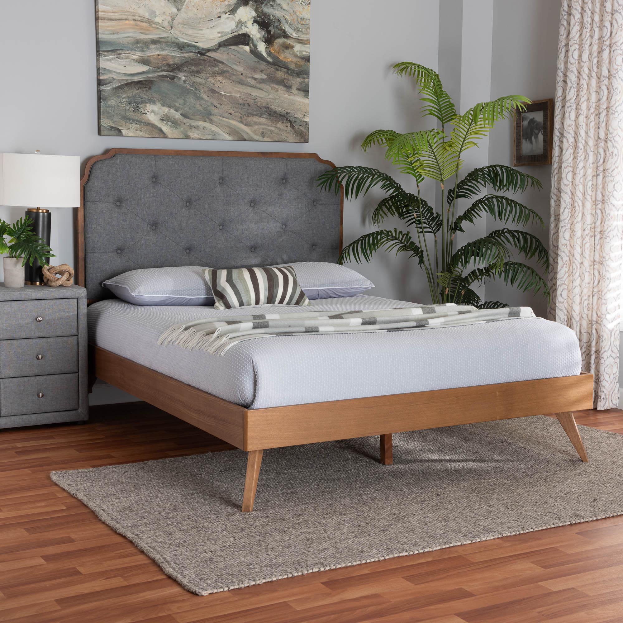 Claudius King Fabric Upholstered & Walnut Wood Platform Bed – Adjustable Height Mid‑Century