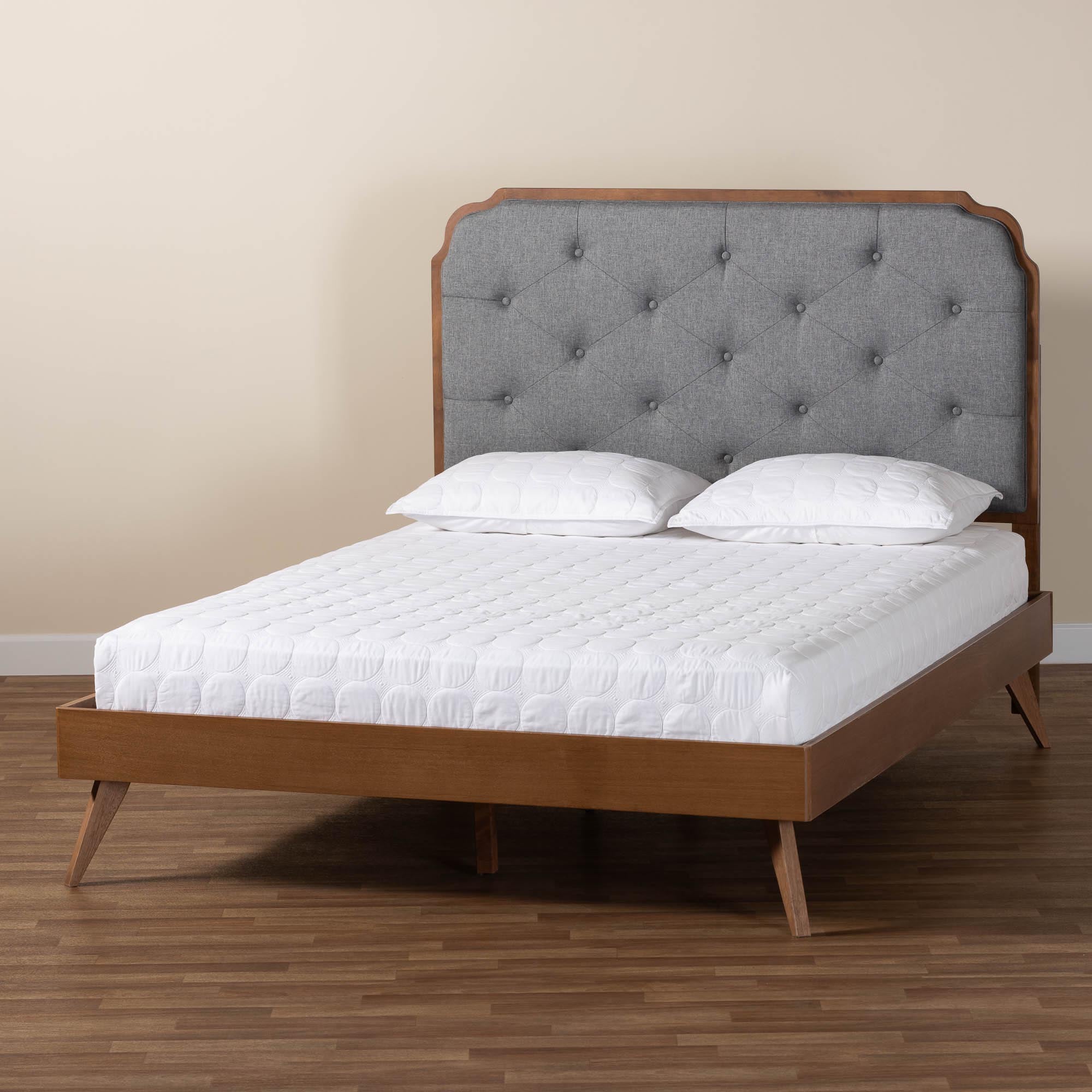 Arlianis Queen Bed – Grey Polyester Fabric, Walnut Brown Rubberwood Platform, Adjustable Headboard